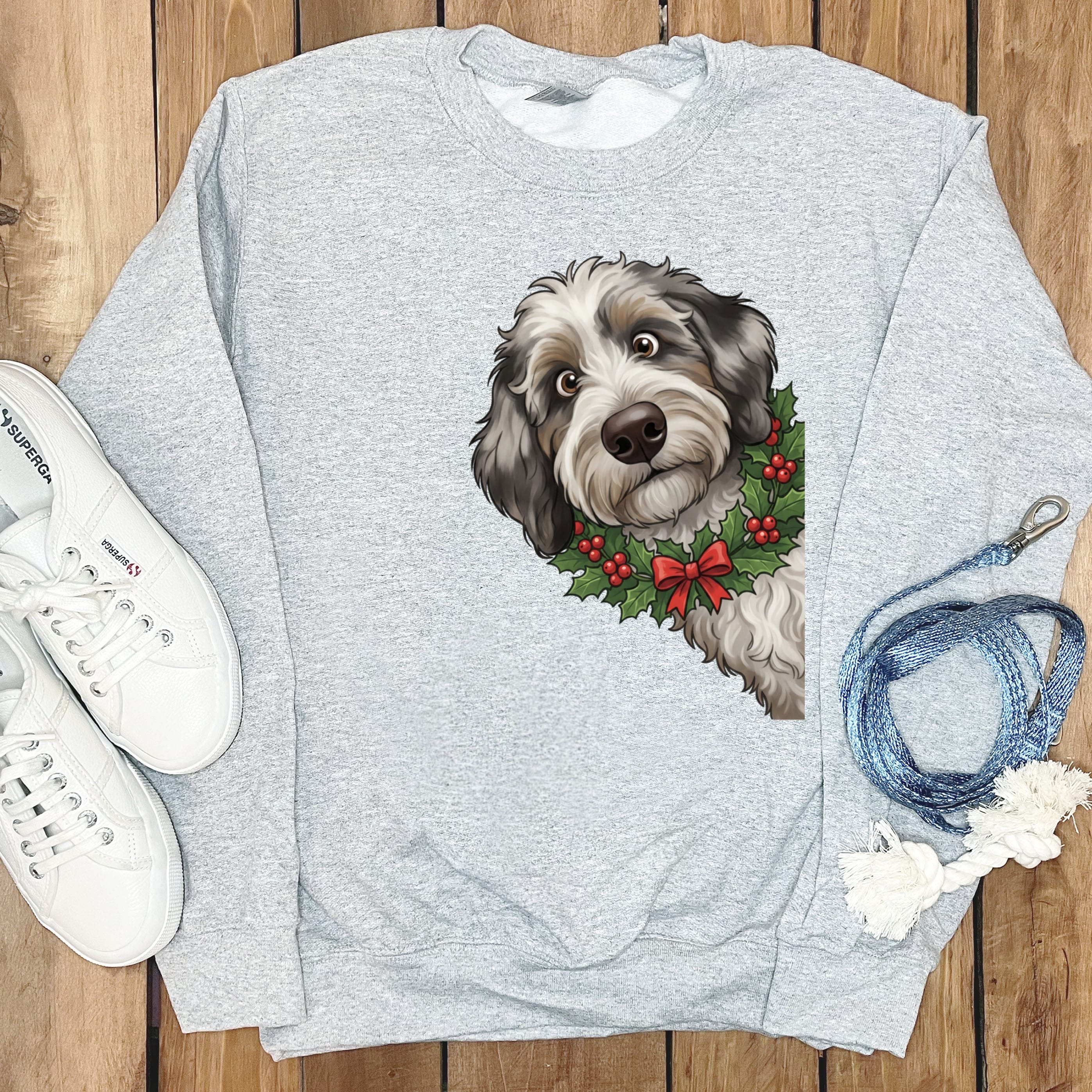 Peeking Holly Aussiedoodle Sweatshirt in Sport Grey / M by Puppy Jo