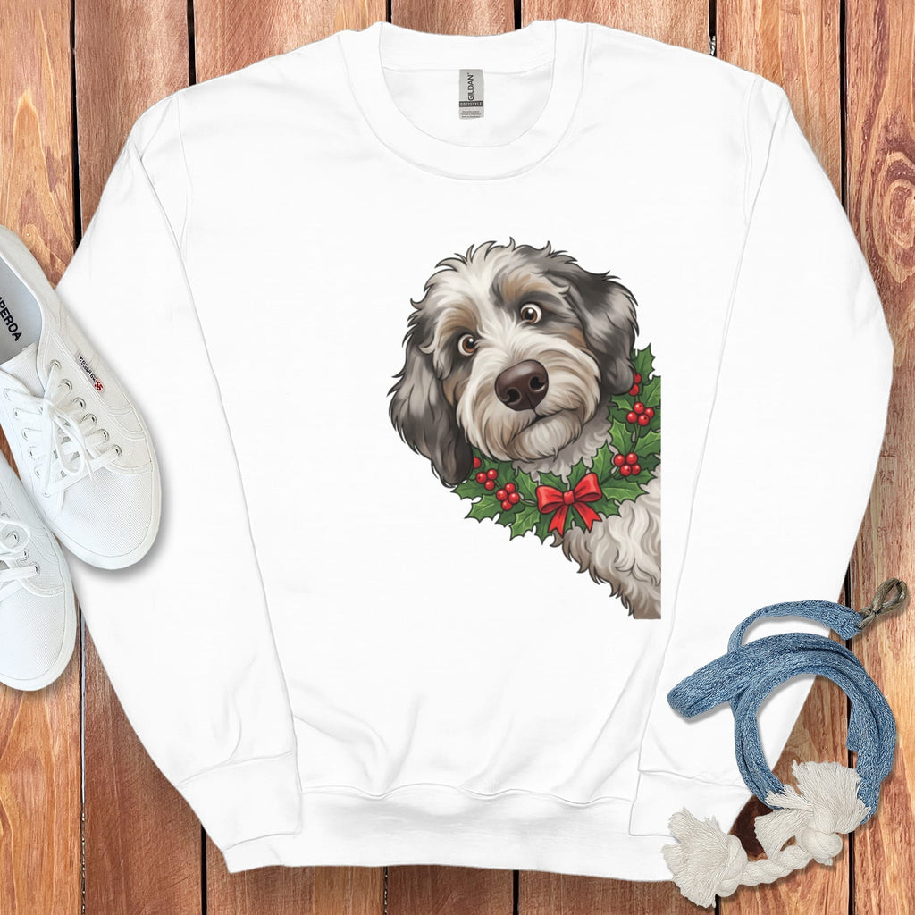 Peeking Holly Aussiedoodle Sweatshirt in White / M by Puppy Jo