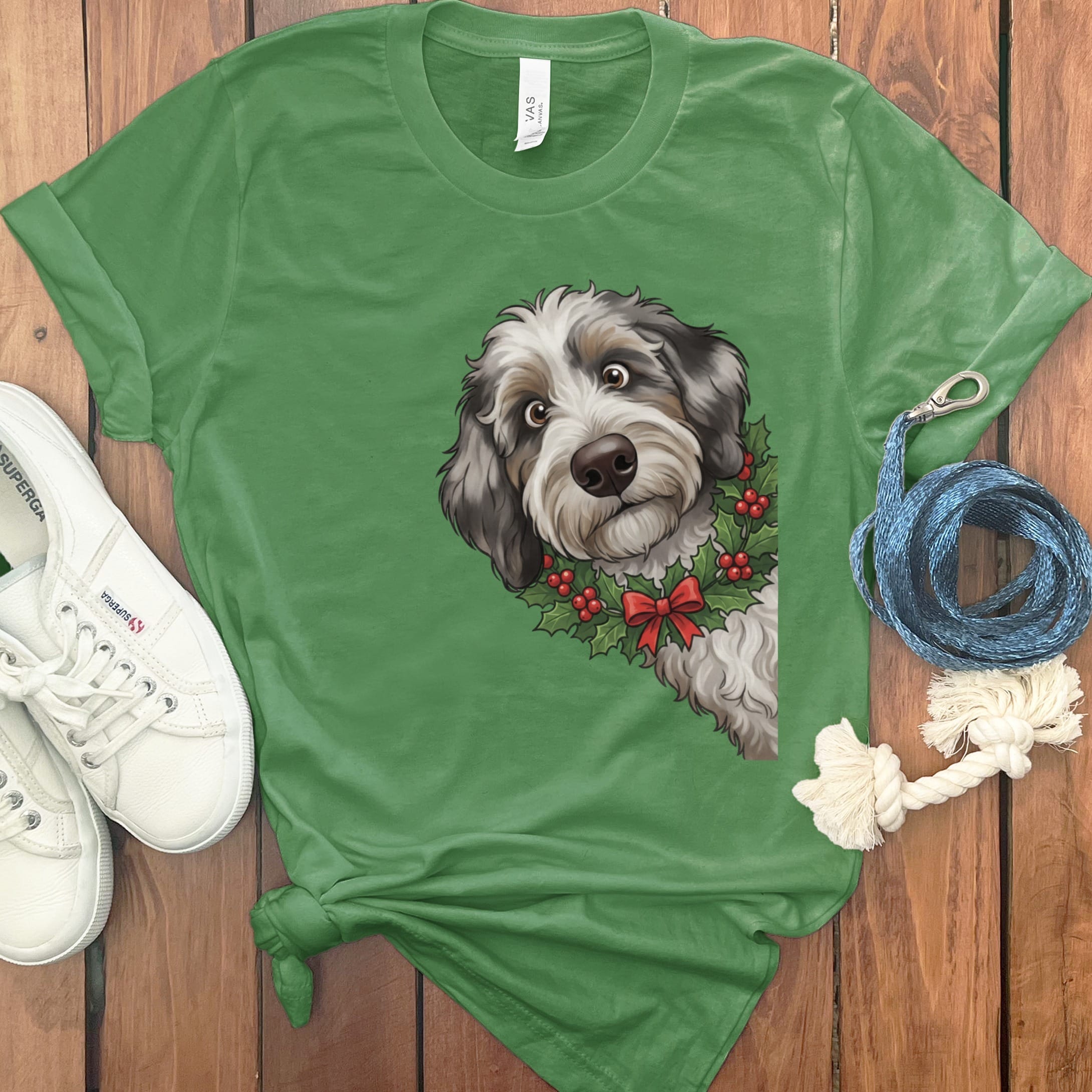 Peeking Holly Aussiedoodle T-Shirt in Leaf / M / T-Shirts by Puppy Jo