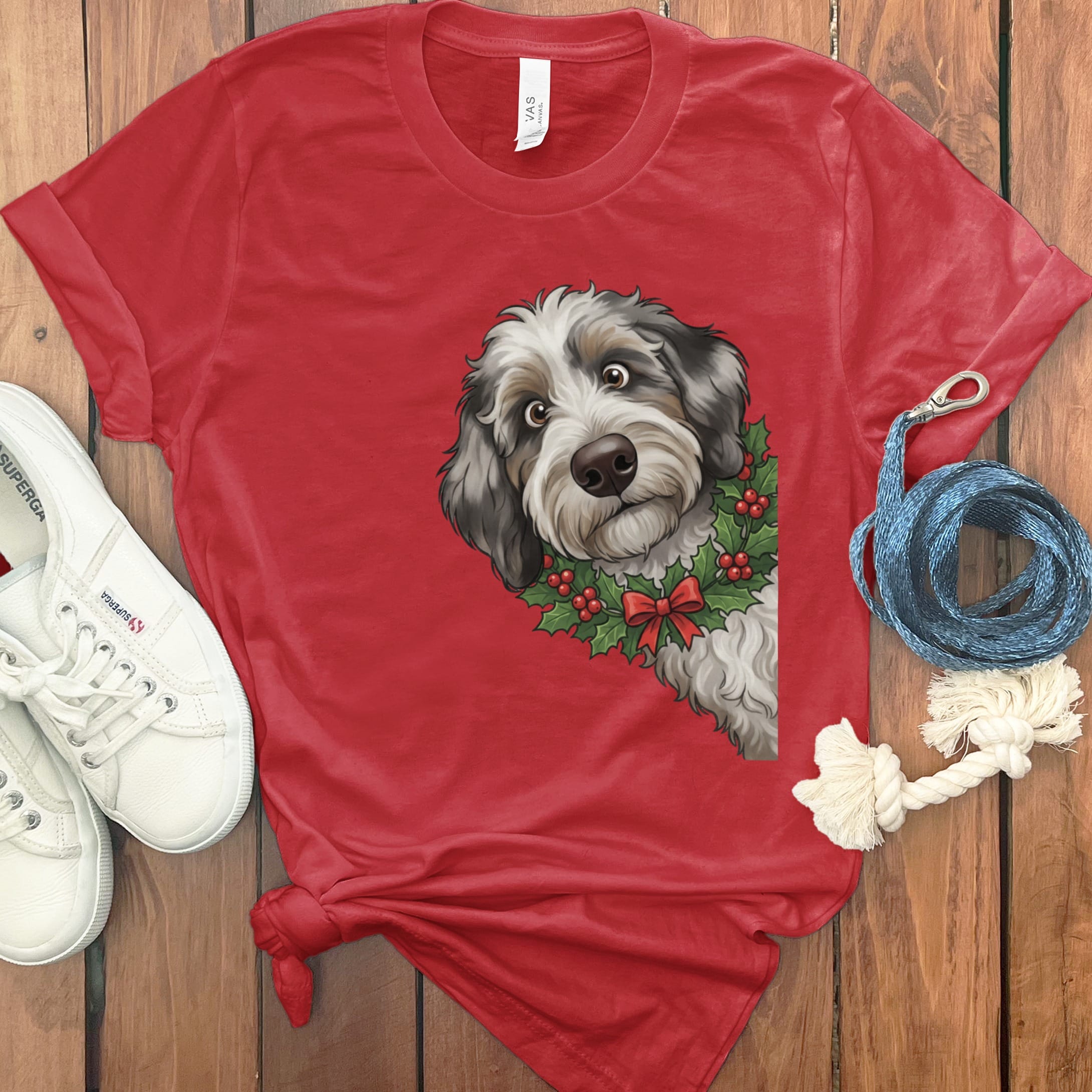 Peeking Holly Aussiedoodle T-Shirt in Red / M / T-Shirts by Puppy Jo