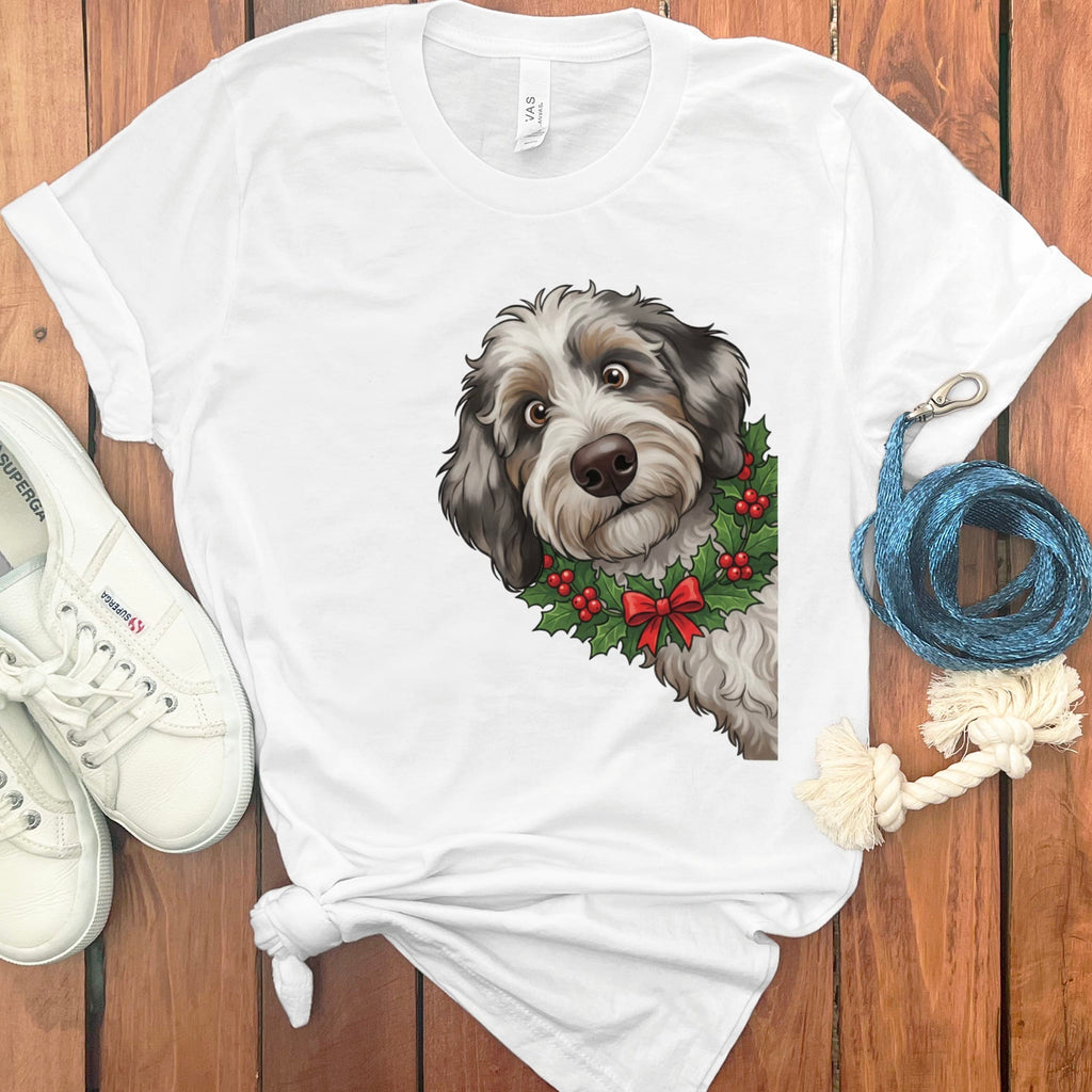 Peeking Holly Aussiedoodle T-Shirt in White / M / T-Shirts by Puppy Jo