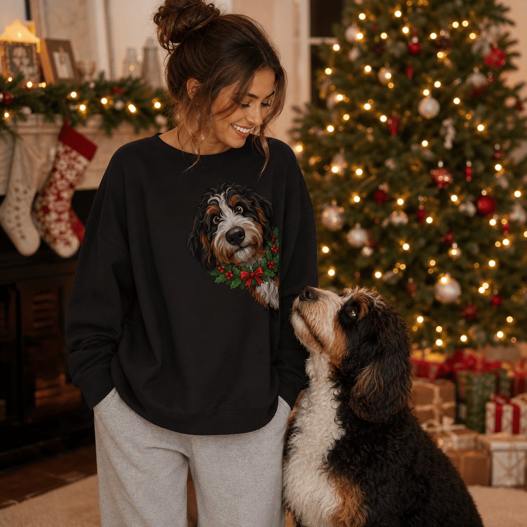 Peeking Holly Bernedoodle Sweatshirt in by Puppy Jo