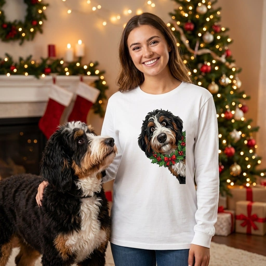 Peeking Holly Berneoodle Long Sleeve T-Shirt in by Puppy Jo