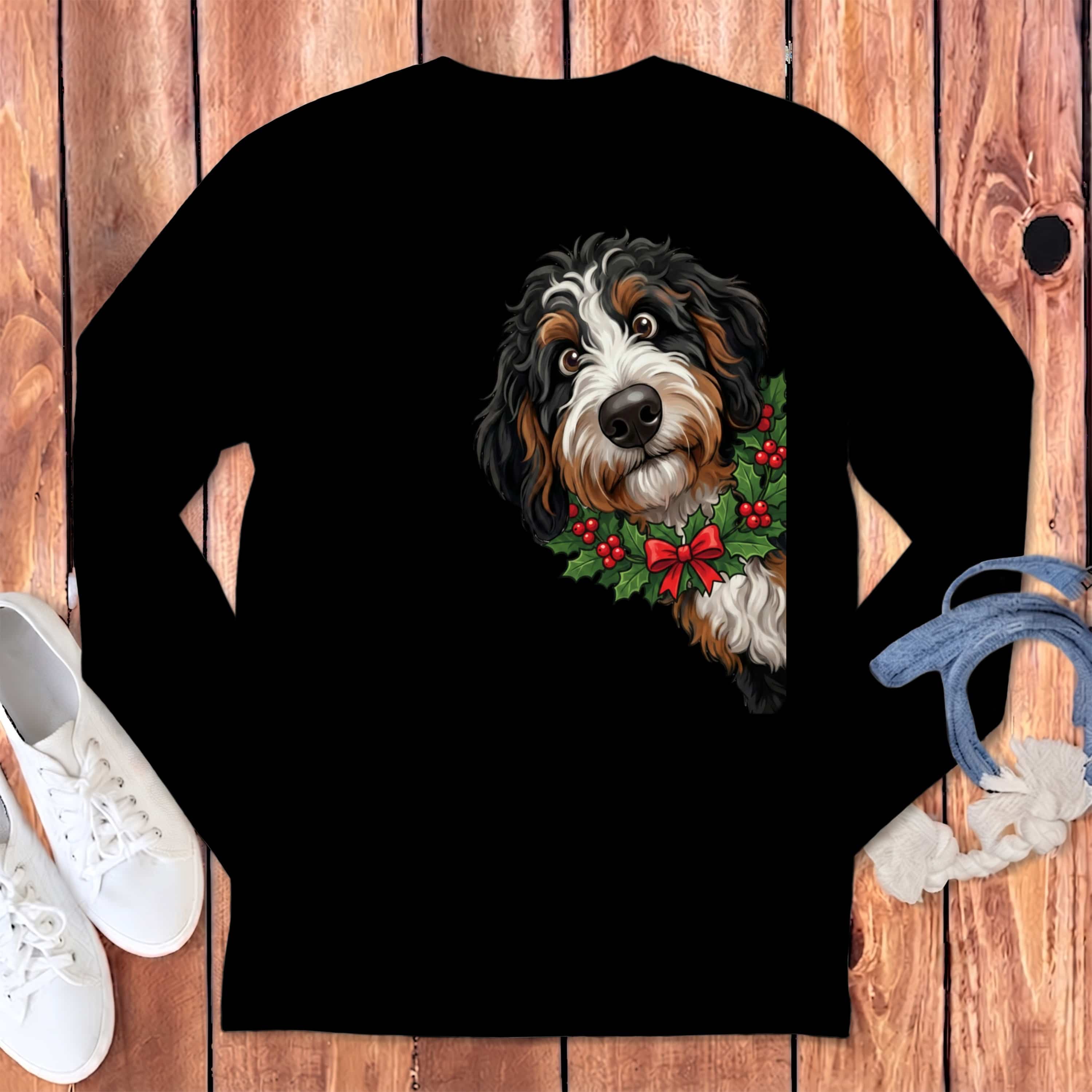 Peeking Holly Berneoodle Long Sleeve T-Shirt in S / Black by Puppy Jo