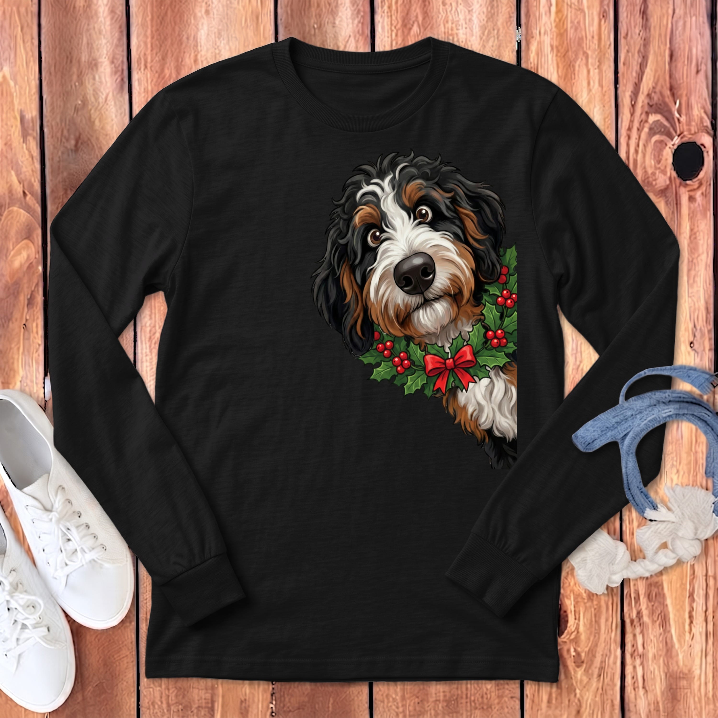 Peeking Holly Berneoodle Long Sleeve T-Shirt in S / Dark Grey Heather by Puppy Jo