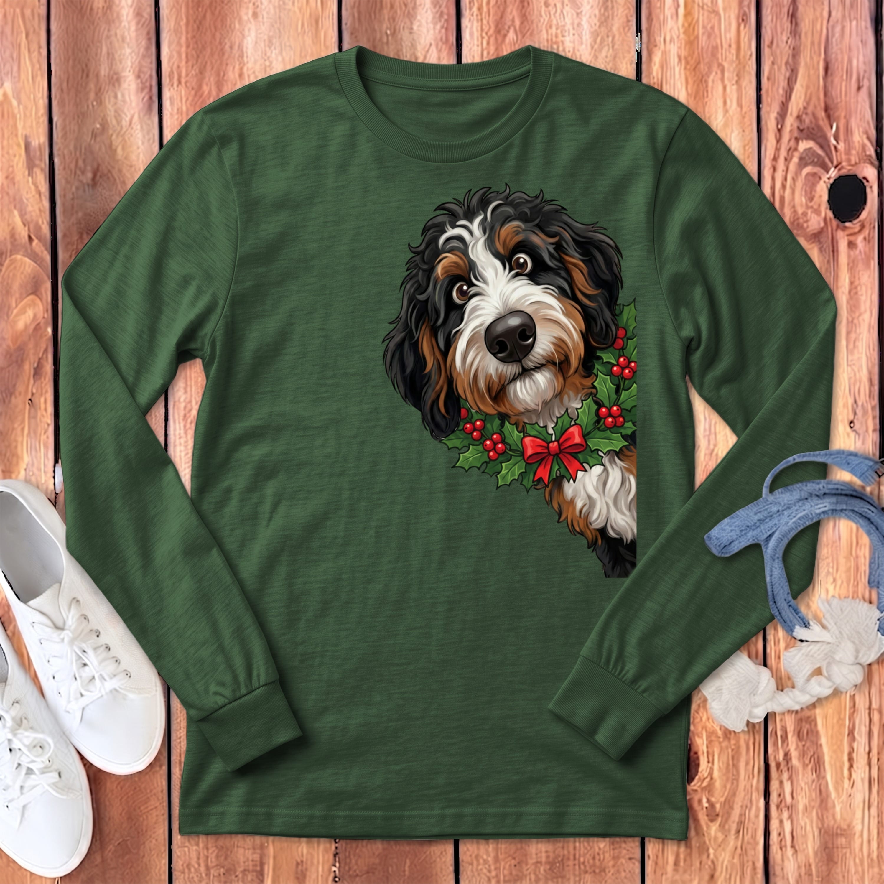Peeking Holly Berneoodle Long Sleeve T-Shirt in S / Heather Forest by Puppy Jo