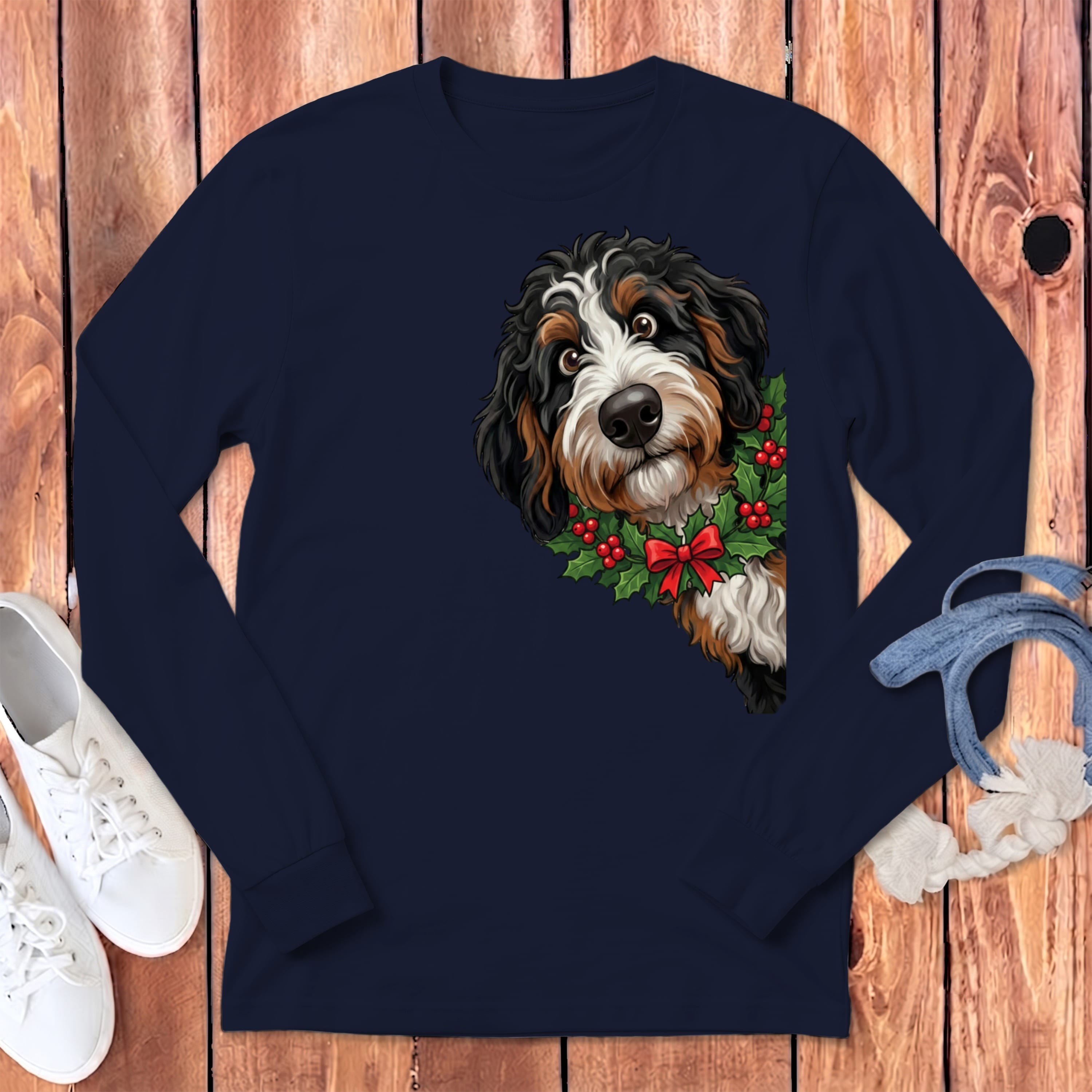 Peeking Holly Berneoodle Long Sleeve T-Shirt in S / Navy by Puppy Jo