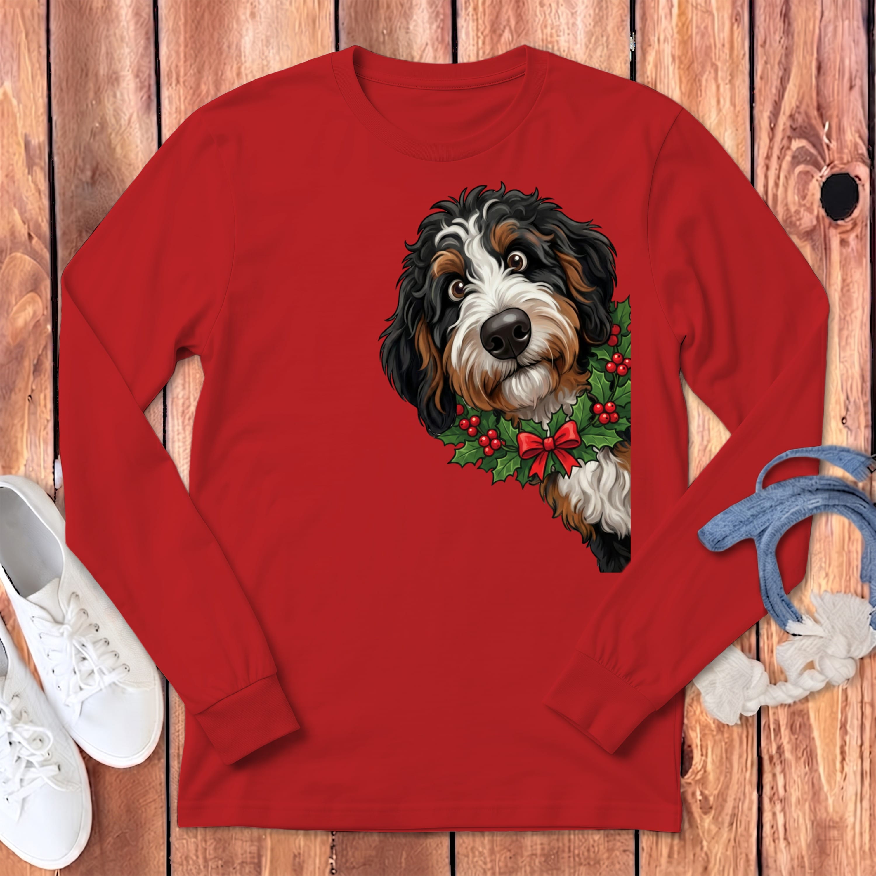 Peeking Holly Berneoodle Long Sleeve T-Shirt in S / Red by Puppy Jo
