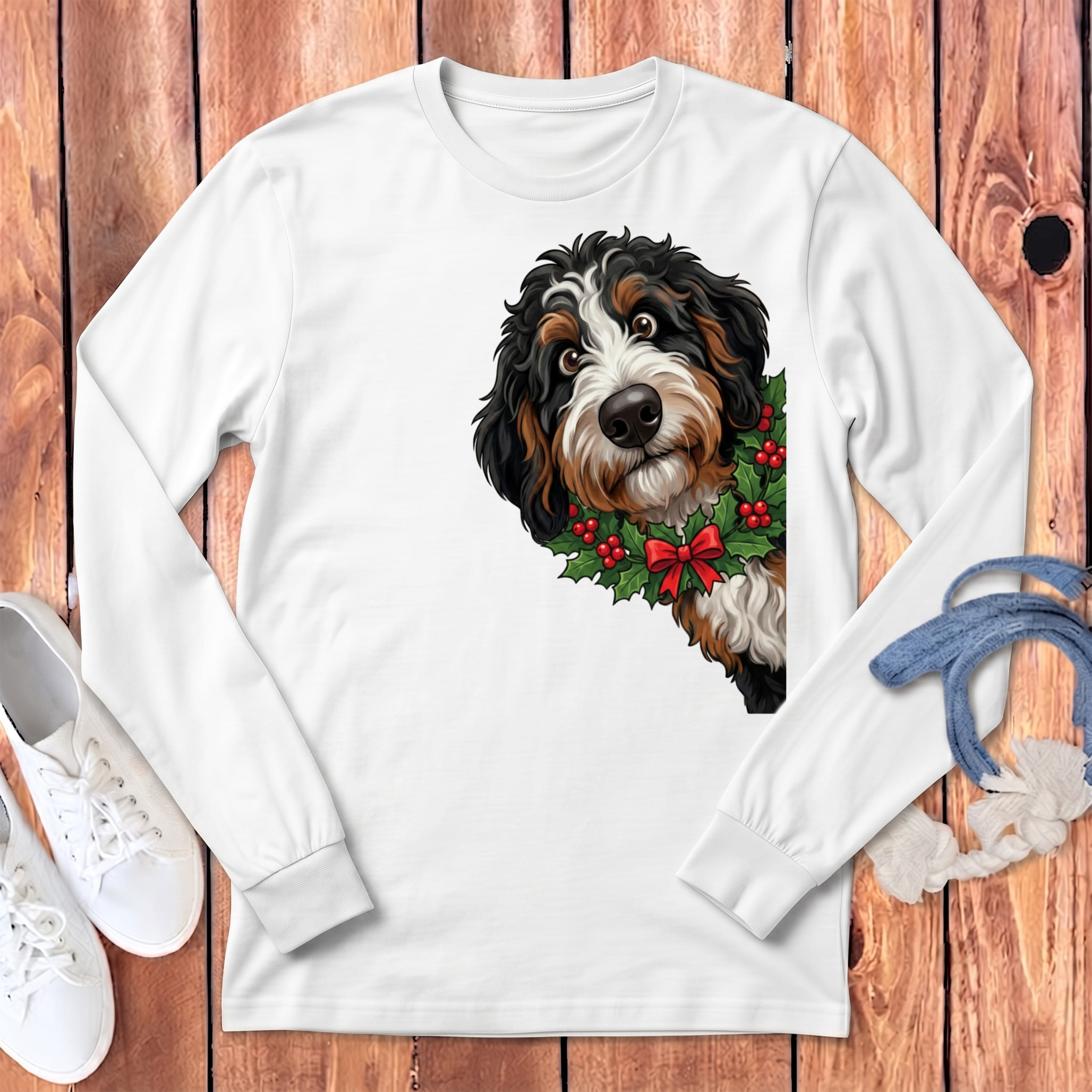 Peeking Holly Berneoodle Long Sleeve T-Shirt in S / White by Puppy Jo