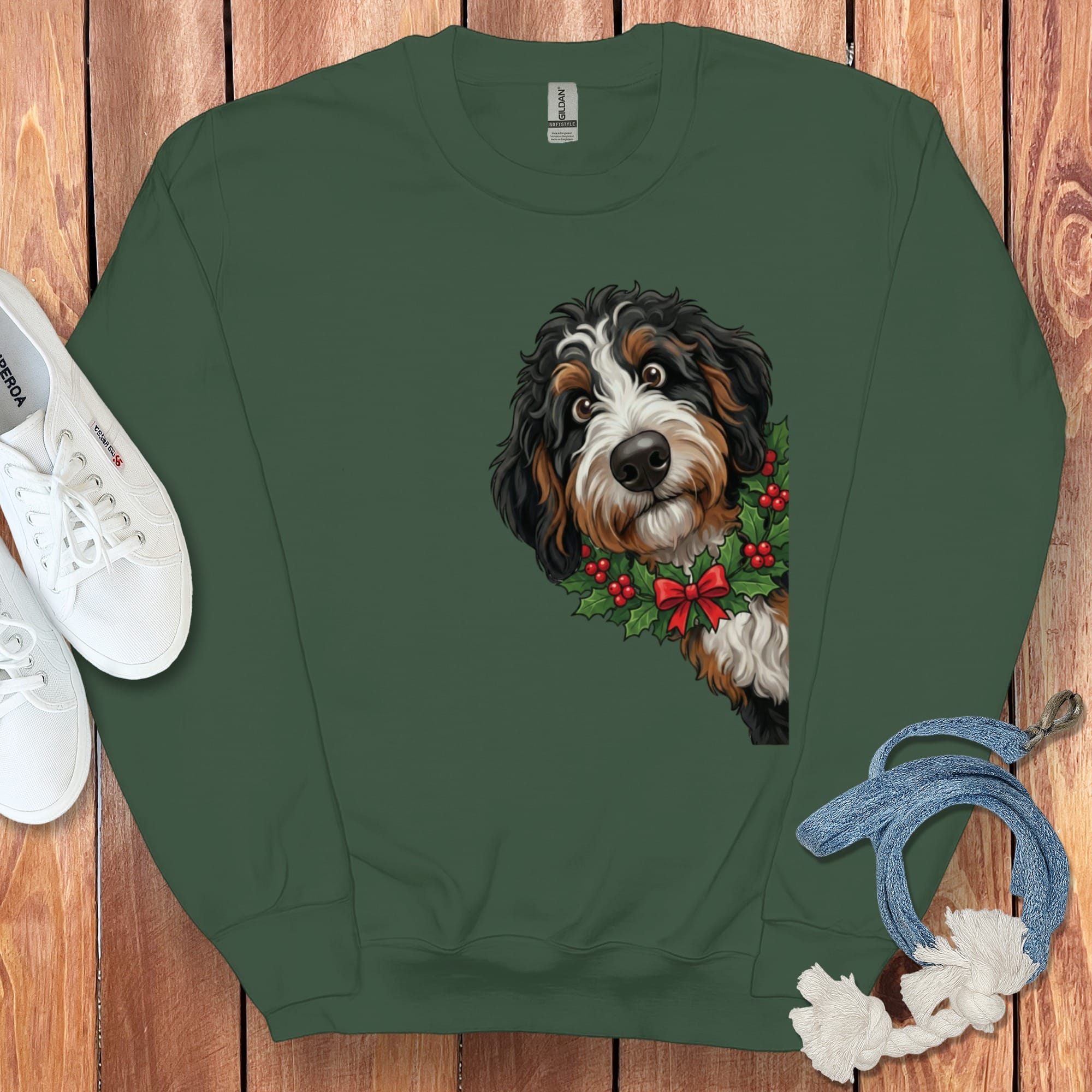 Peeking Holly Berneoodle Sweatshirt in Forest Green / S by Puppy Jo
