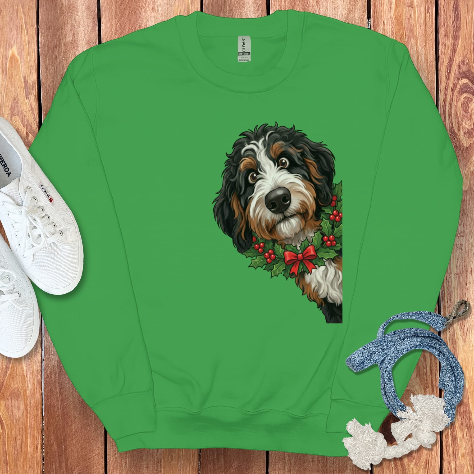 Peeking Holly Berneoodle Sweatshirt in Irish Green / S by Puppy Jo