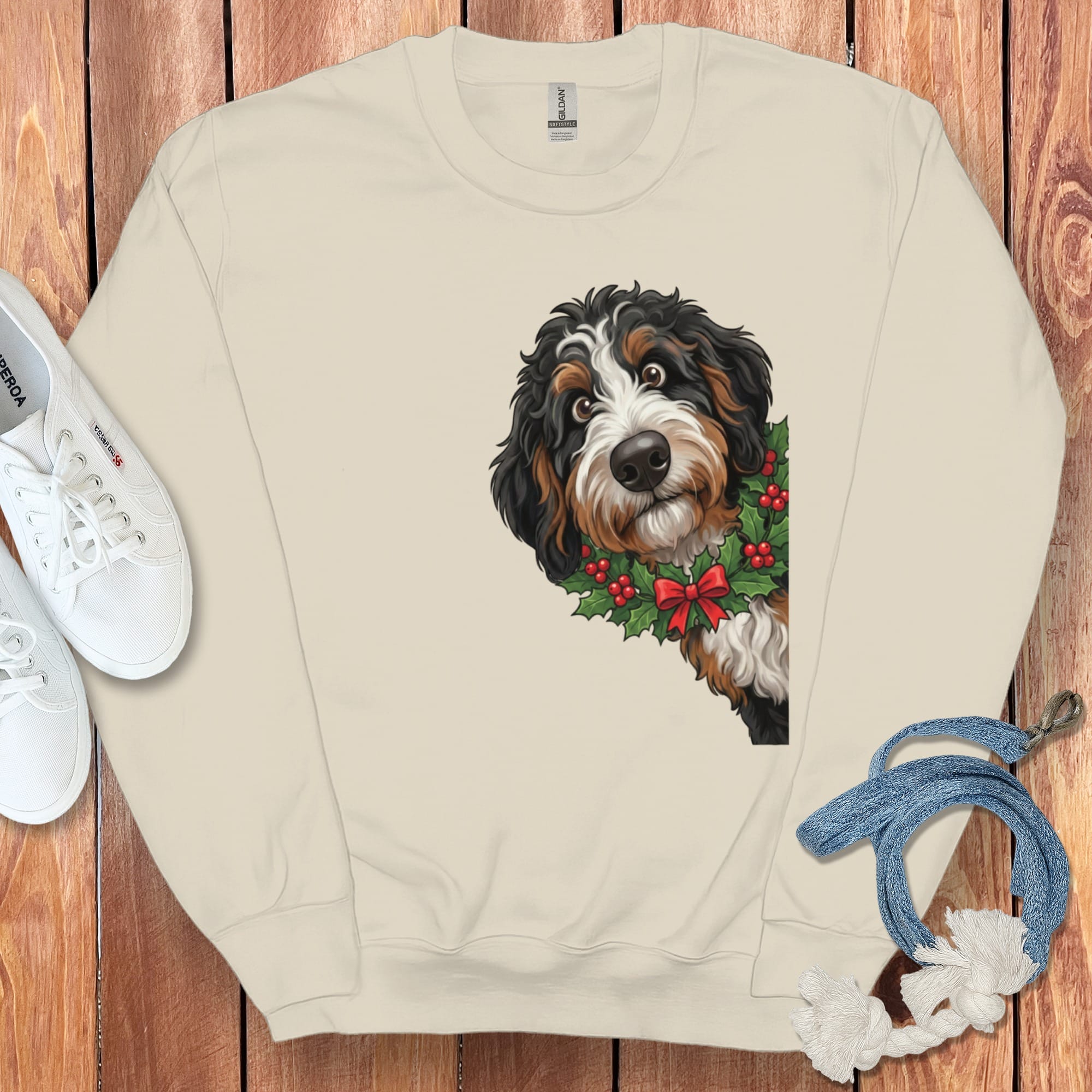 Peeking Holly Berneoodle Sweatshirt in Sand / S by Puppy Jo