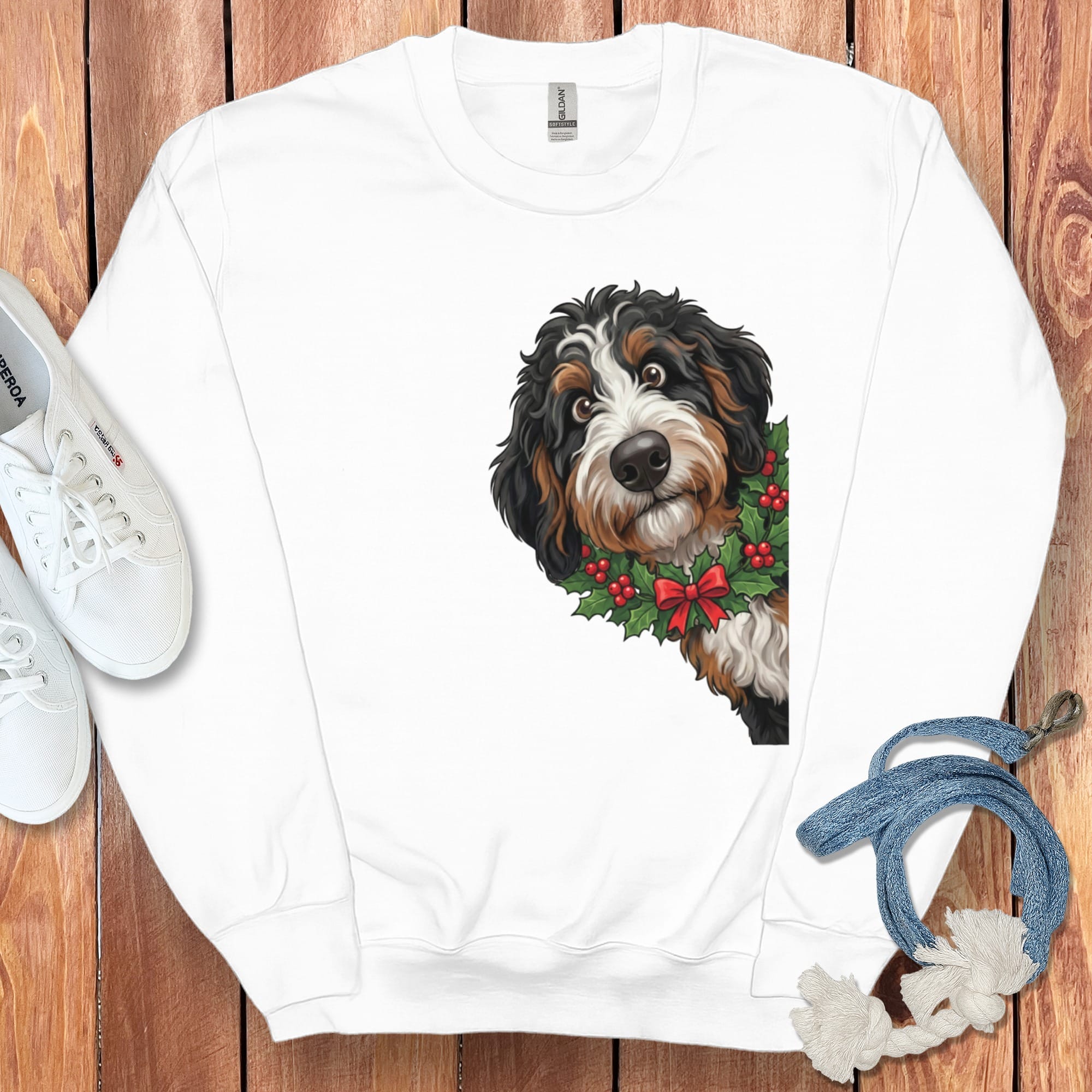 Peeking Holly Berneoodle Sweatshirt in White / S by Puppy Jo