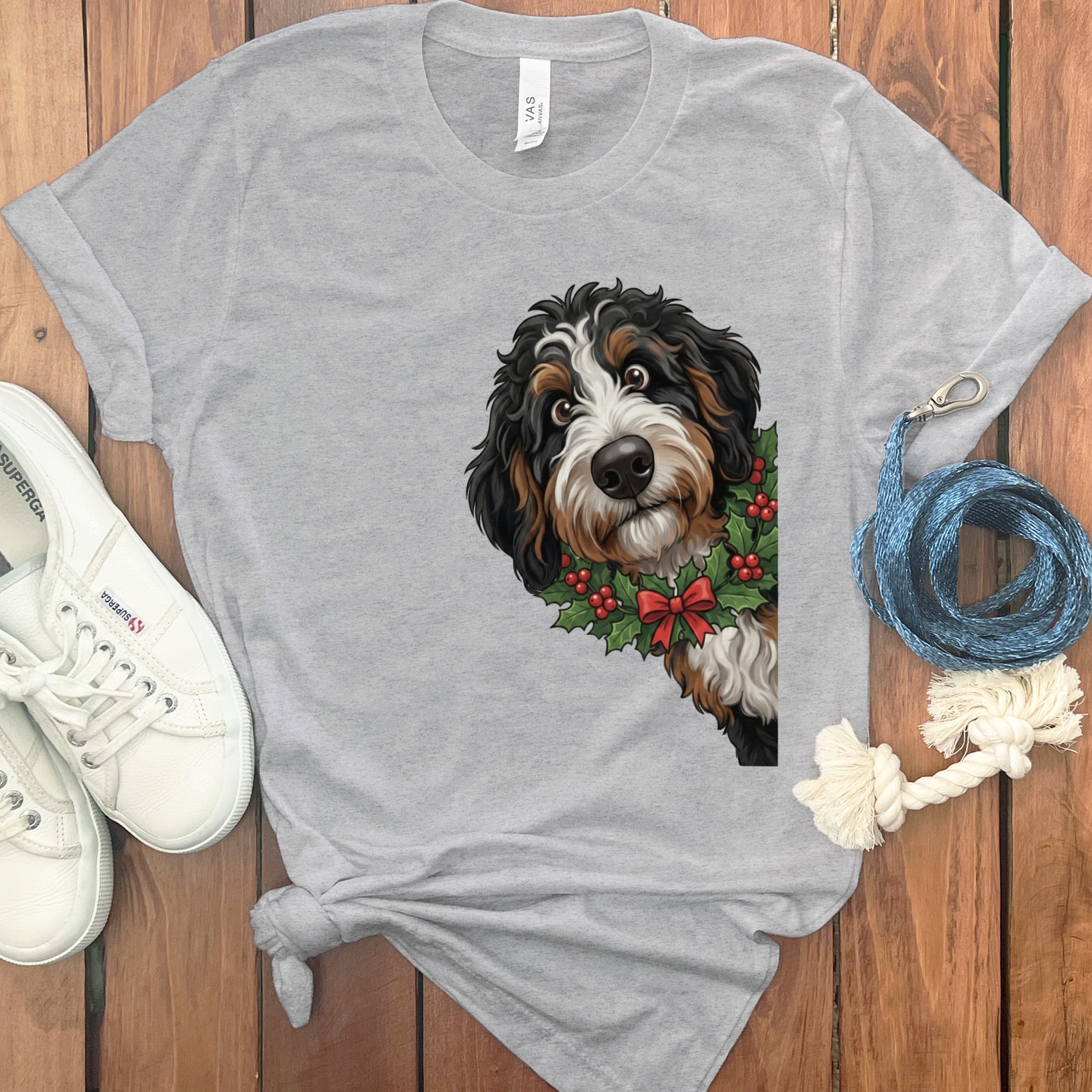 Peeking Holly Berneoodle T-Shirt in Athletic Heather / M / T-Shirts by Puppy Jo