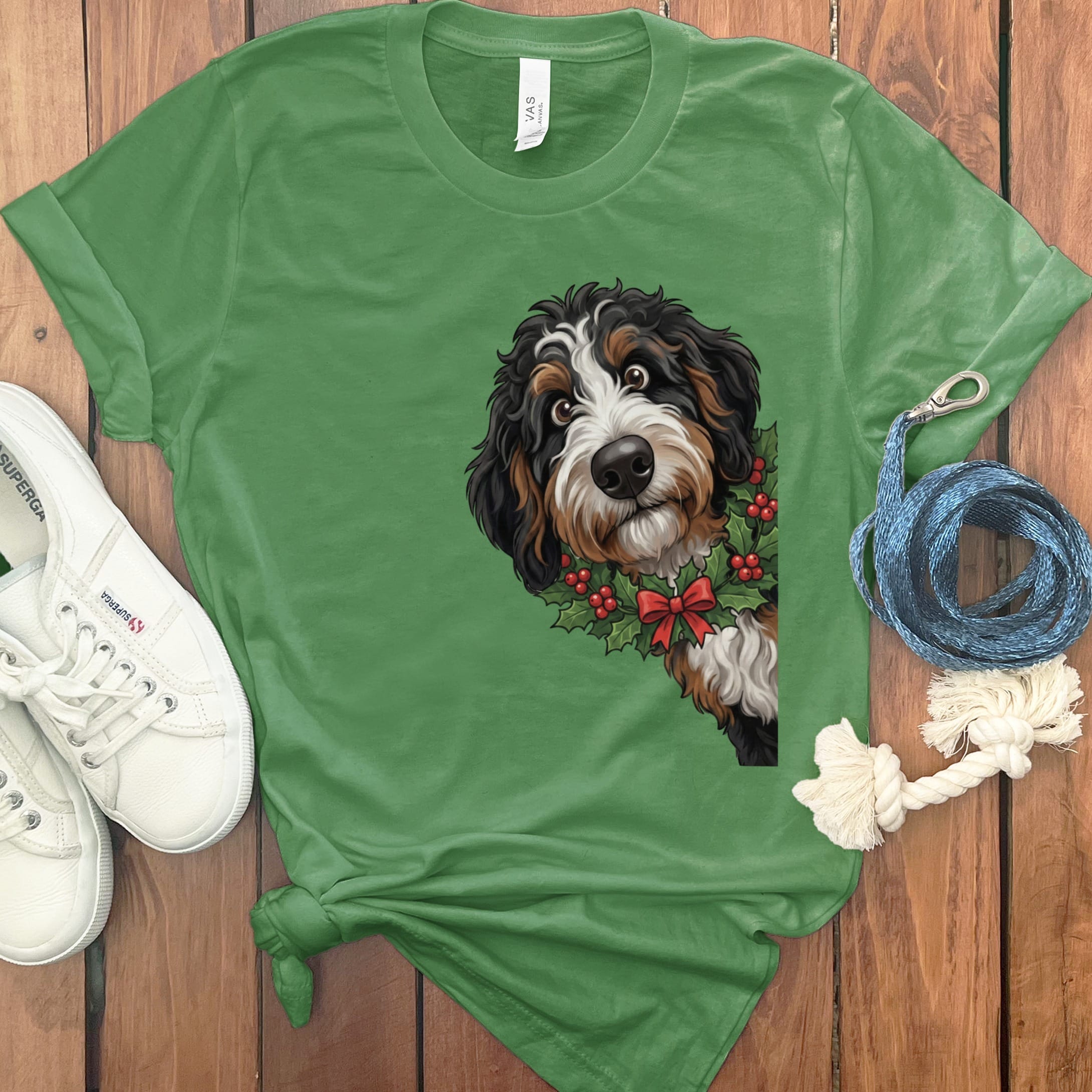 Peeking Holly Berneoodle T-Shirt in Leaf / M / T-Shirts by Puppy Jo