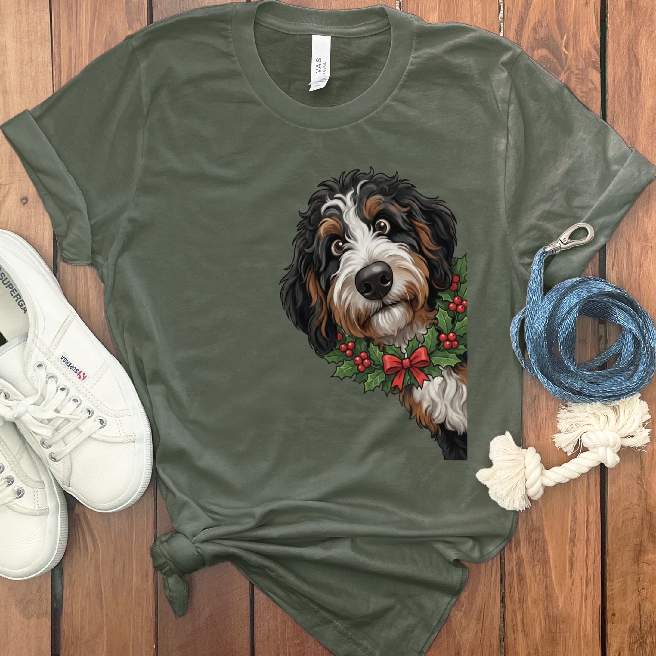 Peeking Holly Berneoodle T-Shirt in Military Green / M / T-Shirts by Puppy Jo