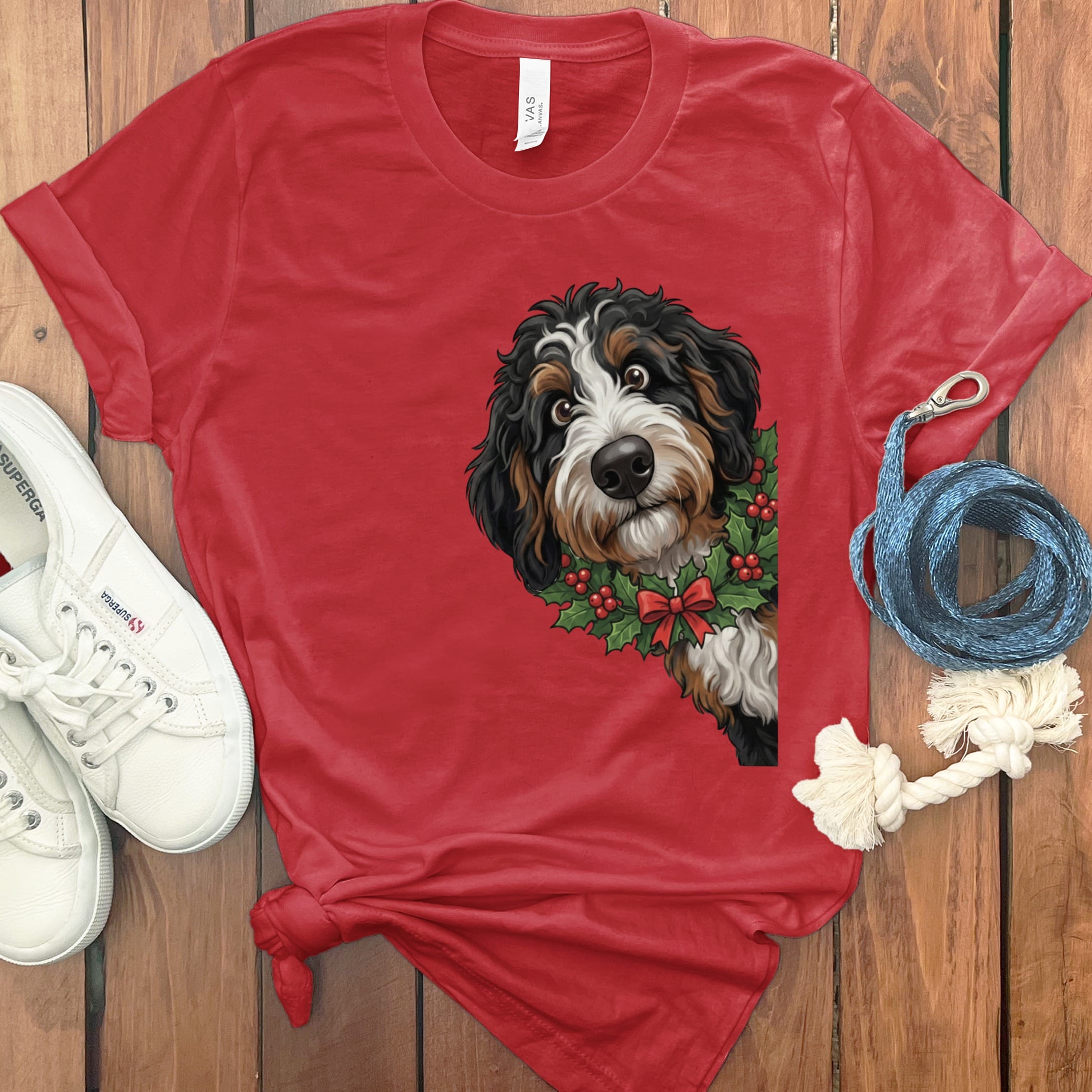 Peeking Holly Berneoodle T-Shirt in Red / M / T-Shirts by Puppy Jo
