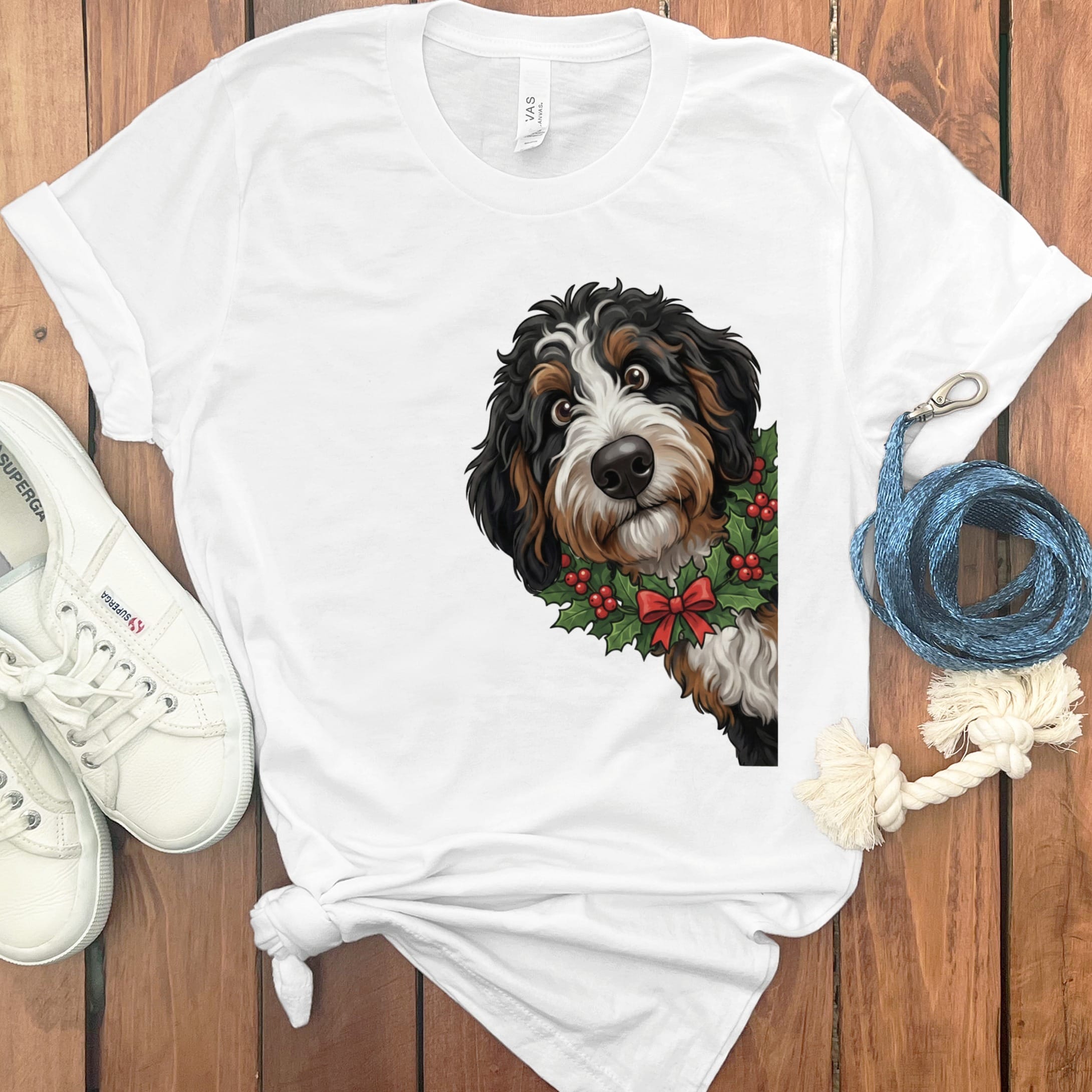 Peeking Holly Berneoodle T-Shirt in White / M / T-Shirts by Puppy Jo