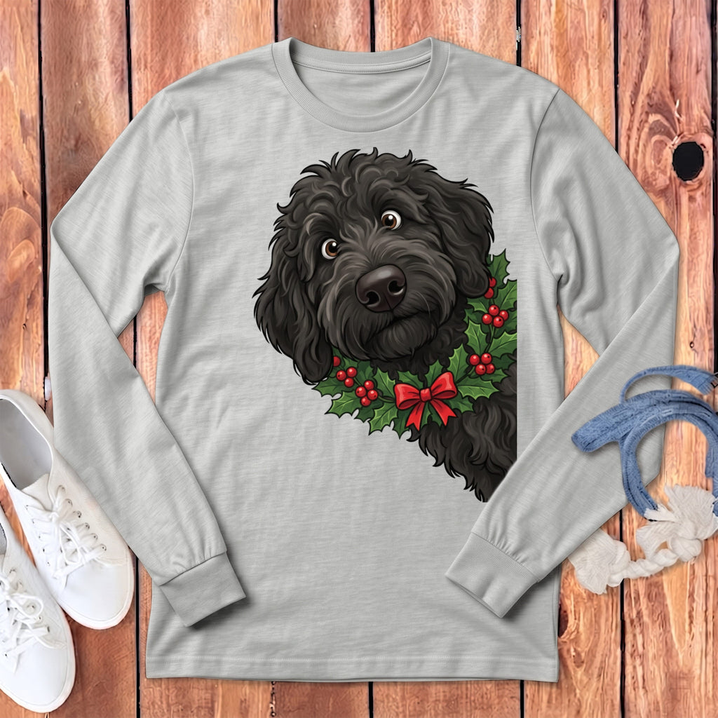 Peeking Holly Black Goldendoodle Long Sleeve T-Shirt in Athletic Heather / S by Puppy Jo