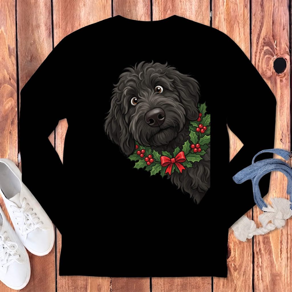 Peeking Holly Black Goldendoodle Long Sleeve T-Shirt in Black / S by Puppy Jo