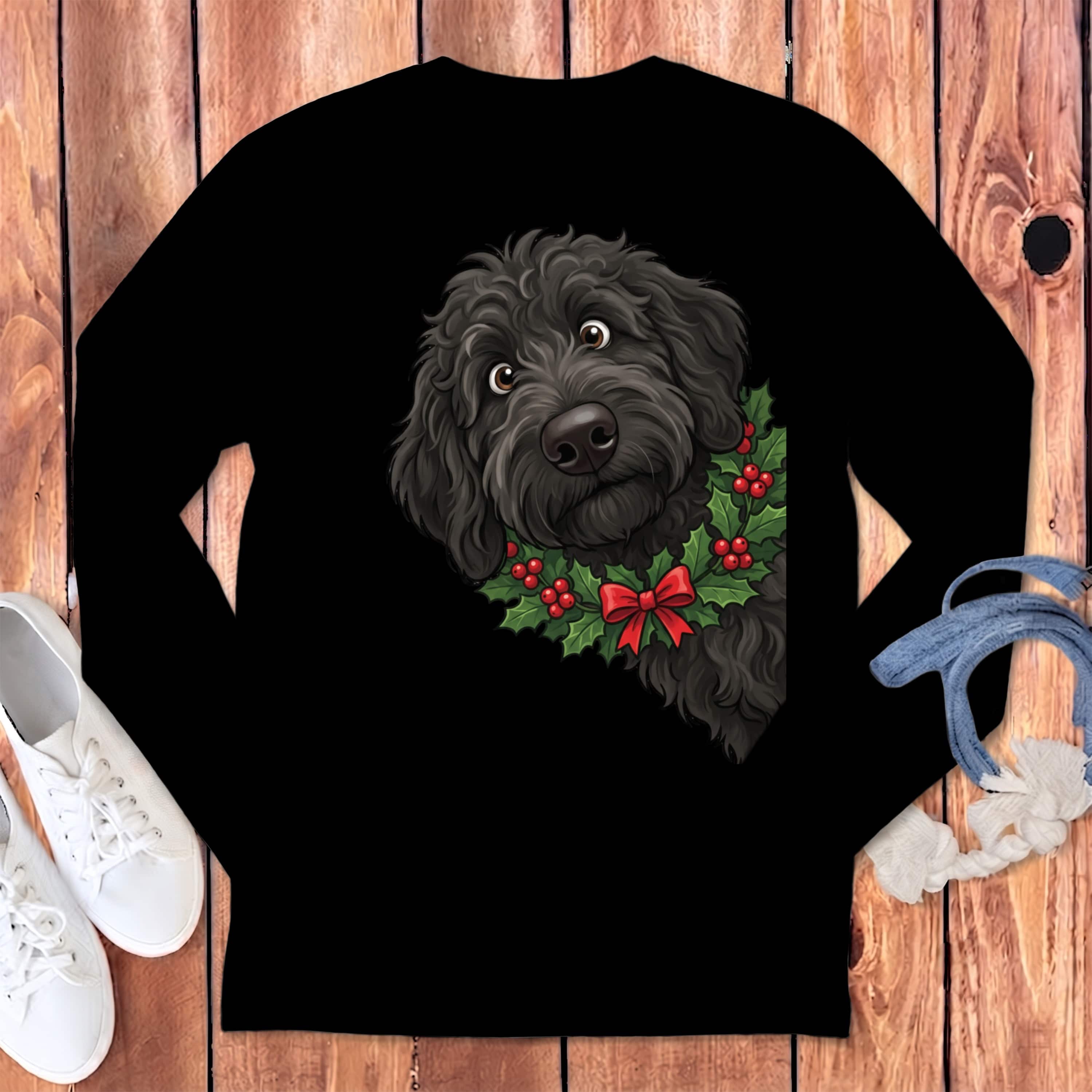 Peeking Holly Black Goldendoodle Long Sleeve T-Shirt in Black / S by Puppy Jo