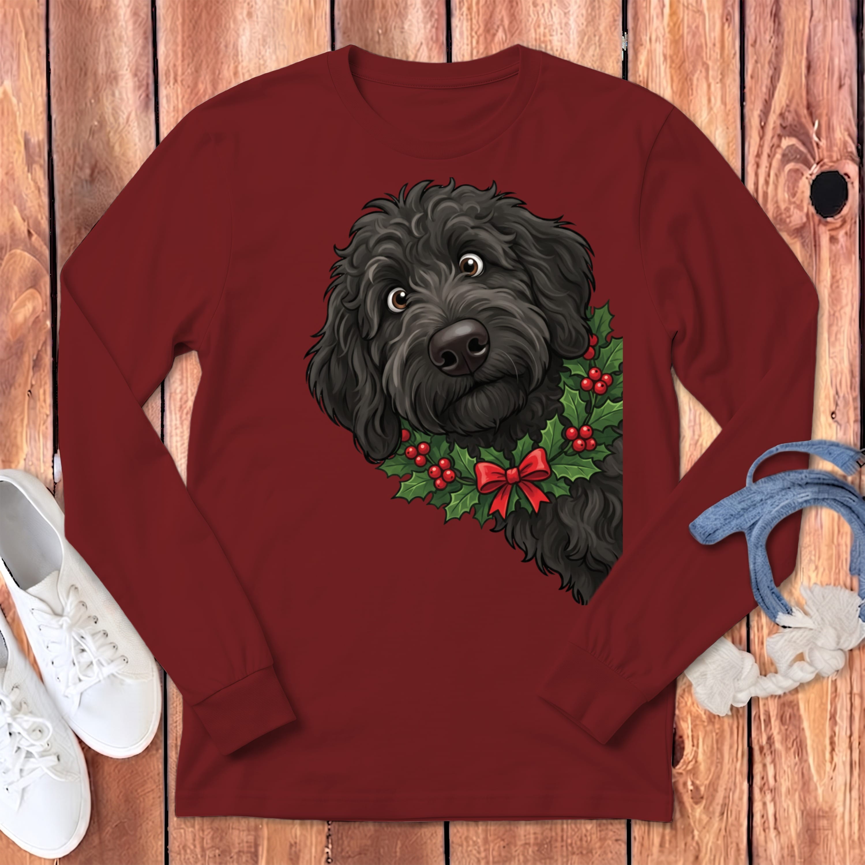 Peeking Holly Black Goldendoodle Long Sleeve T-Shirt in Cardinal / S by Puppy Jo