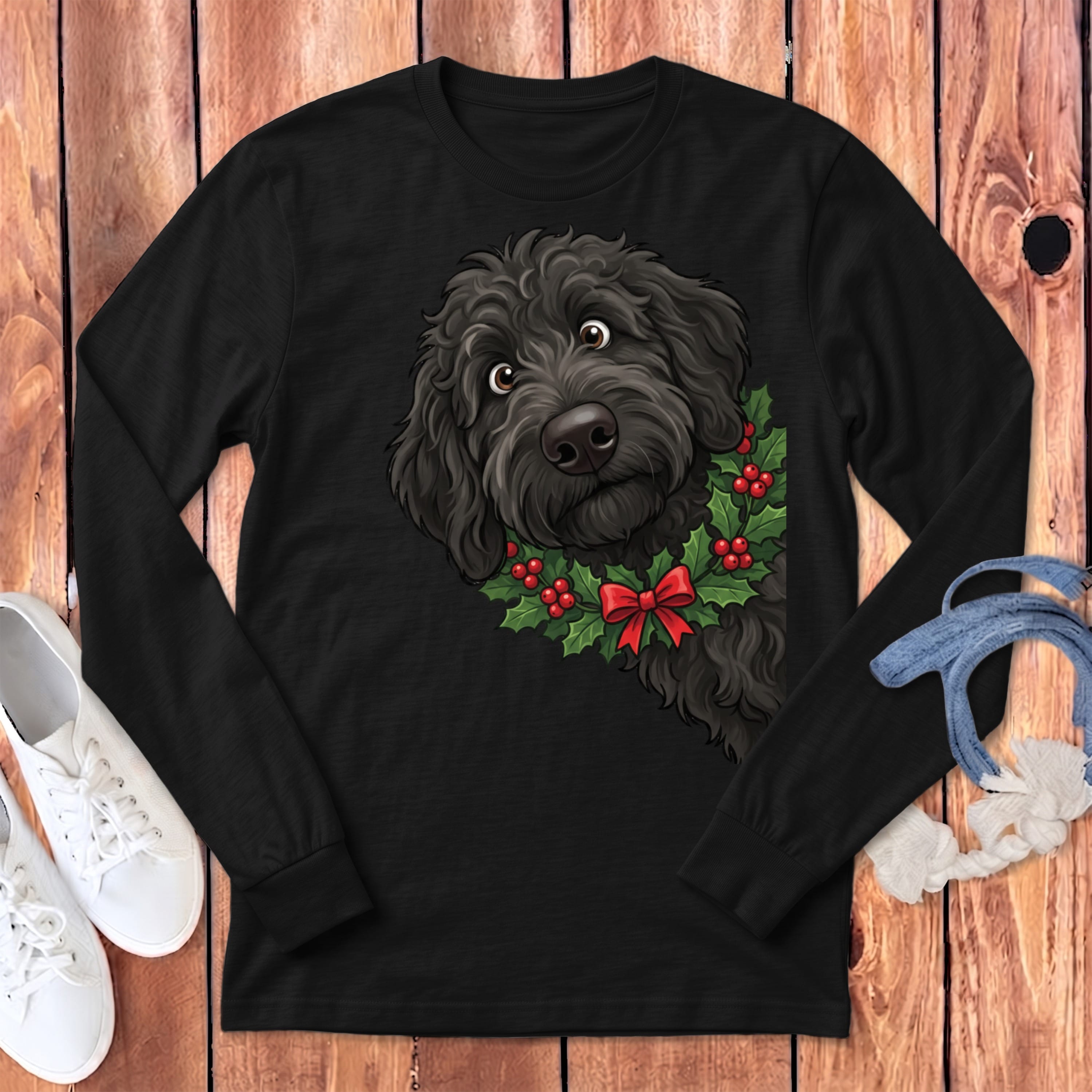 Peeking Holly Black Goldendoodle Long Sleeve T-Shirt in Dark Grey Heather / S by Puppy Jo