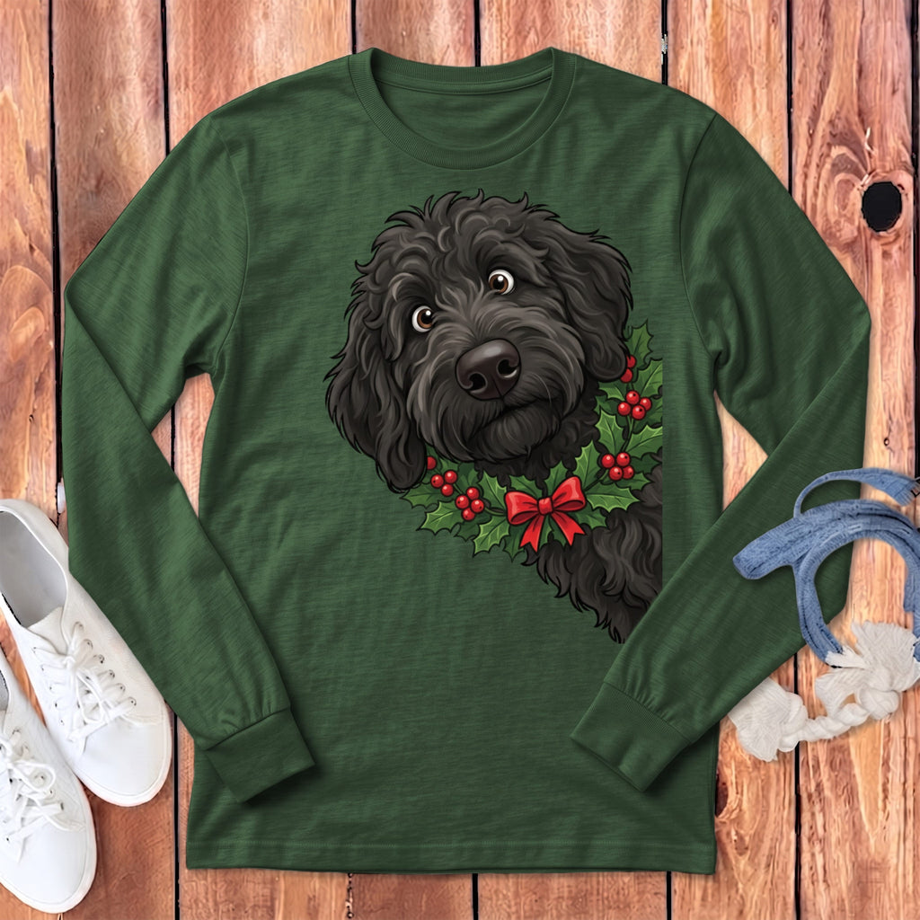 Peeking Holly Black Goldendoodle Long Sleeve T-Shirt in Heather Forest / S by Puppy Jo