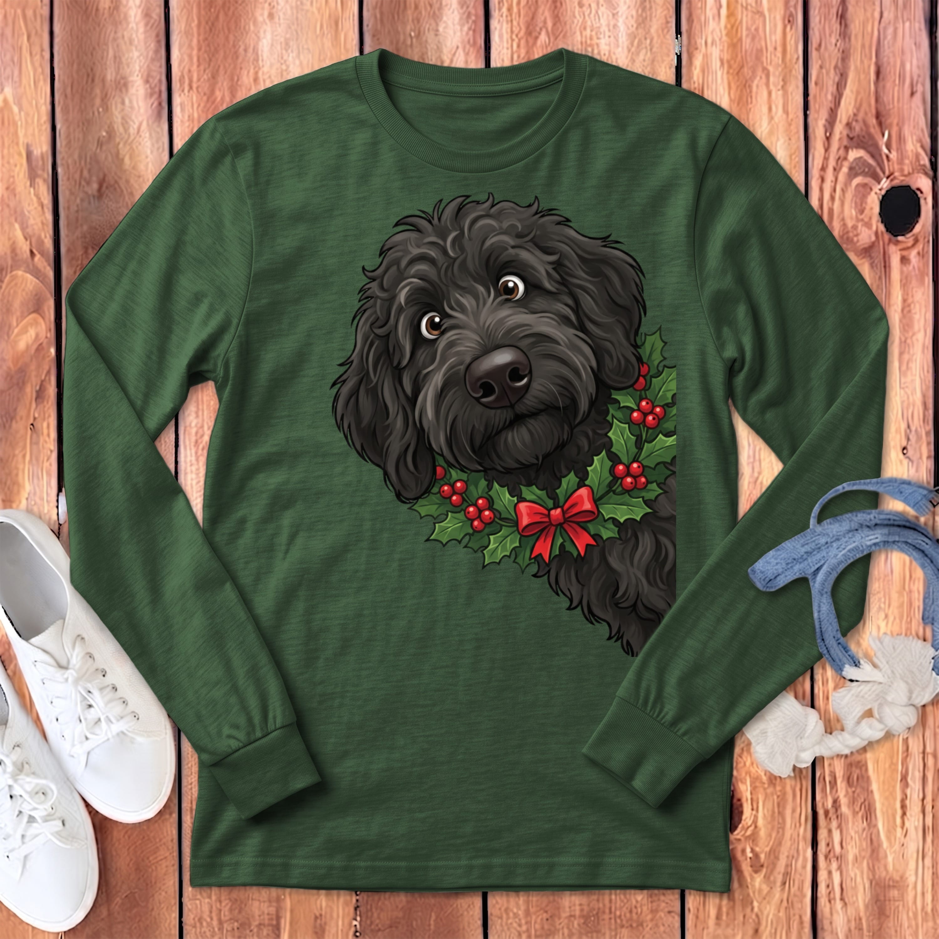 Peeking Holly Black Goldendoodle Long Sleeve T-Shirt in Heather Forest / S by Puppy Jo
