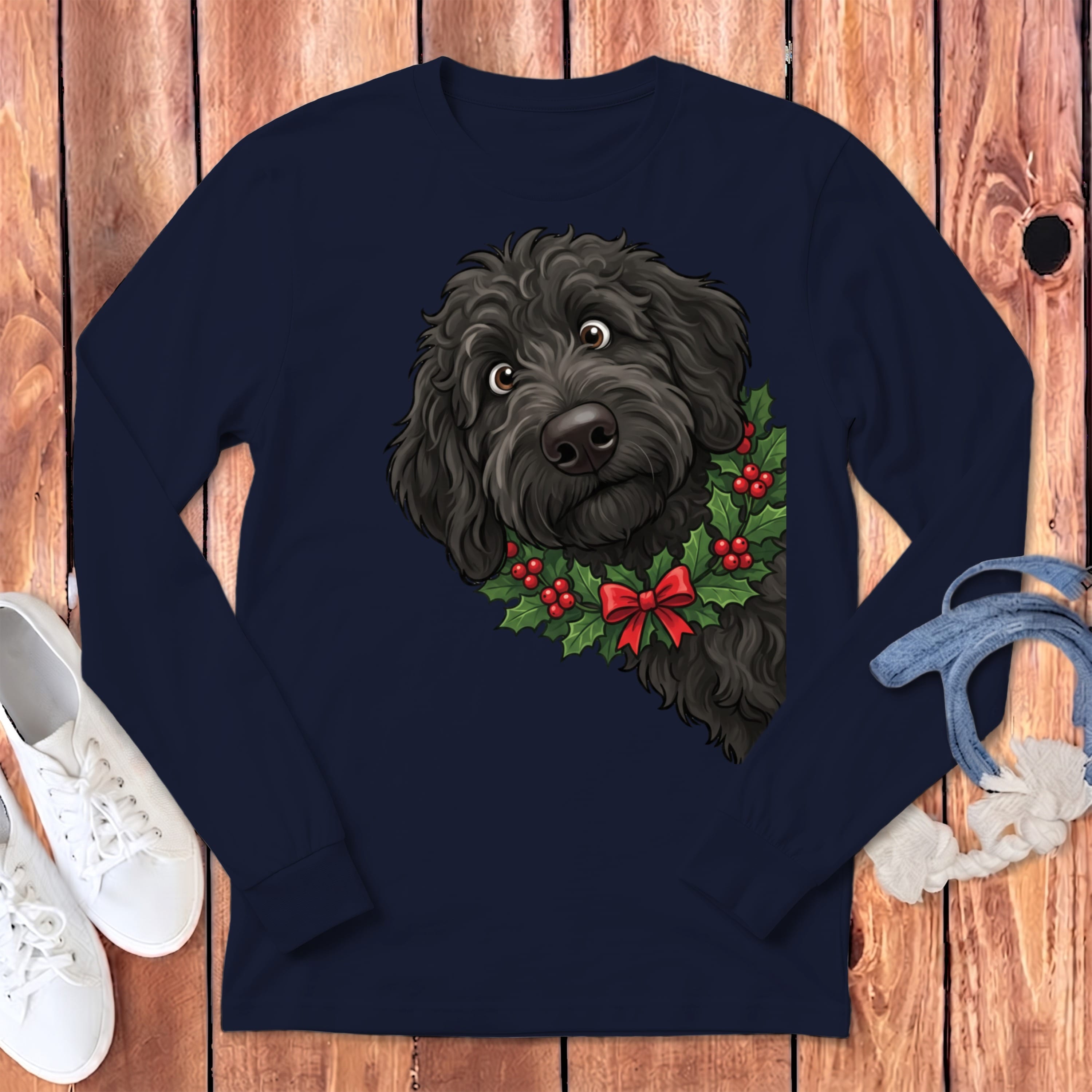 Peeking Holly Black Goldendoodle Long Sleeve T-Shirt in Navy / S by Puppy Jo