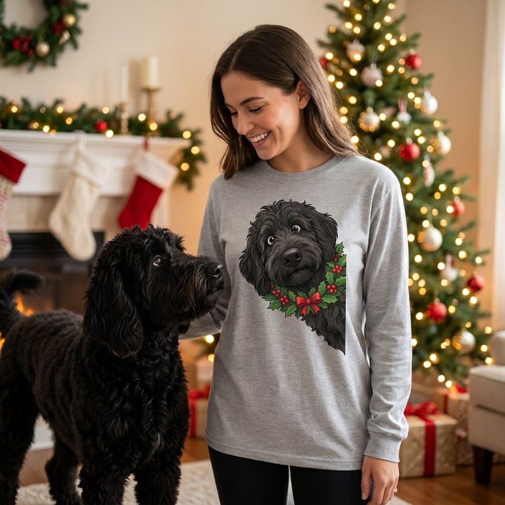 Peeking Holly Black Goldendoodle Long Sleeve T-Shirt in by Puppy Jo