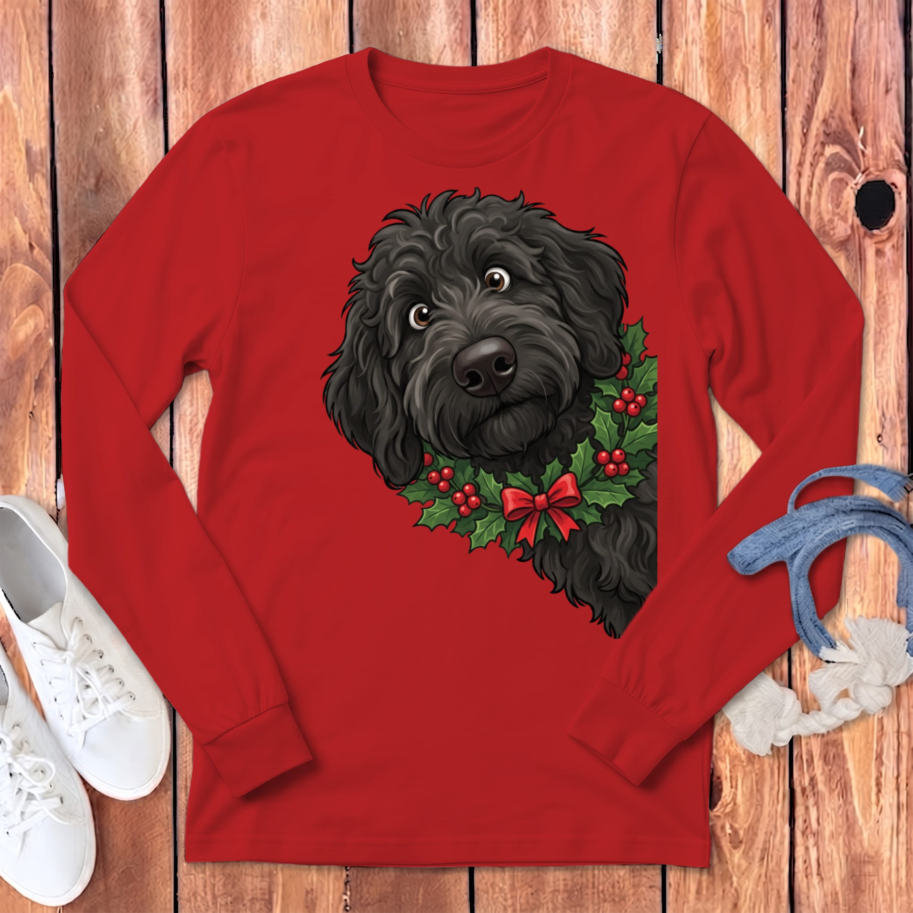 Peeking Holly Black Goldendoodle Long Sleeve T-Shirt in Red / S by Puppy Jo