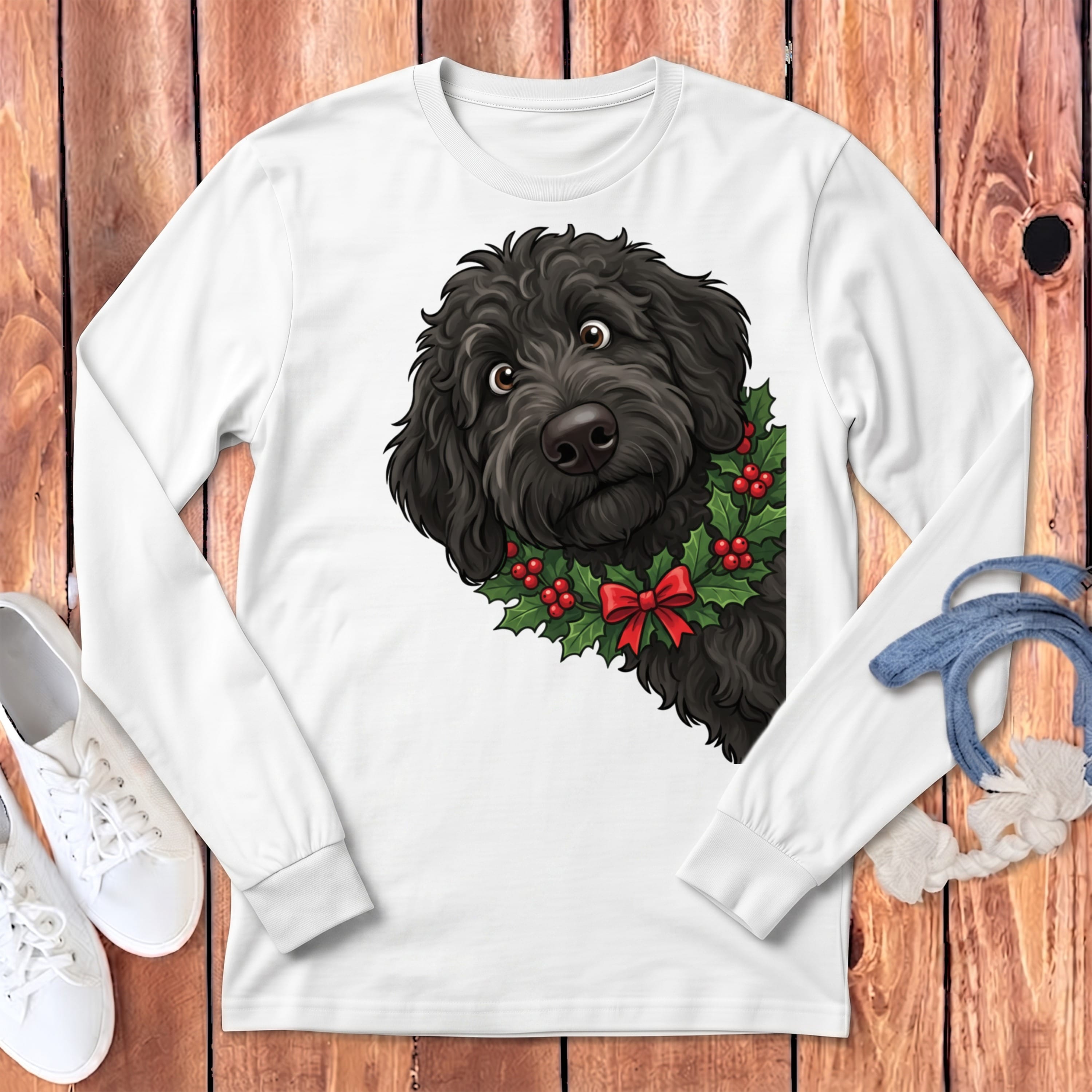 Peeking Holly Black Goldendoodle Long Sleeve T-Shirt in White / S by Puppy Jo