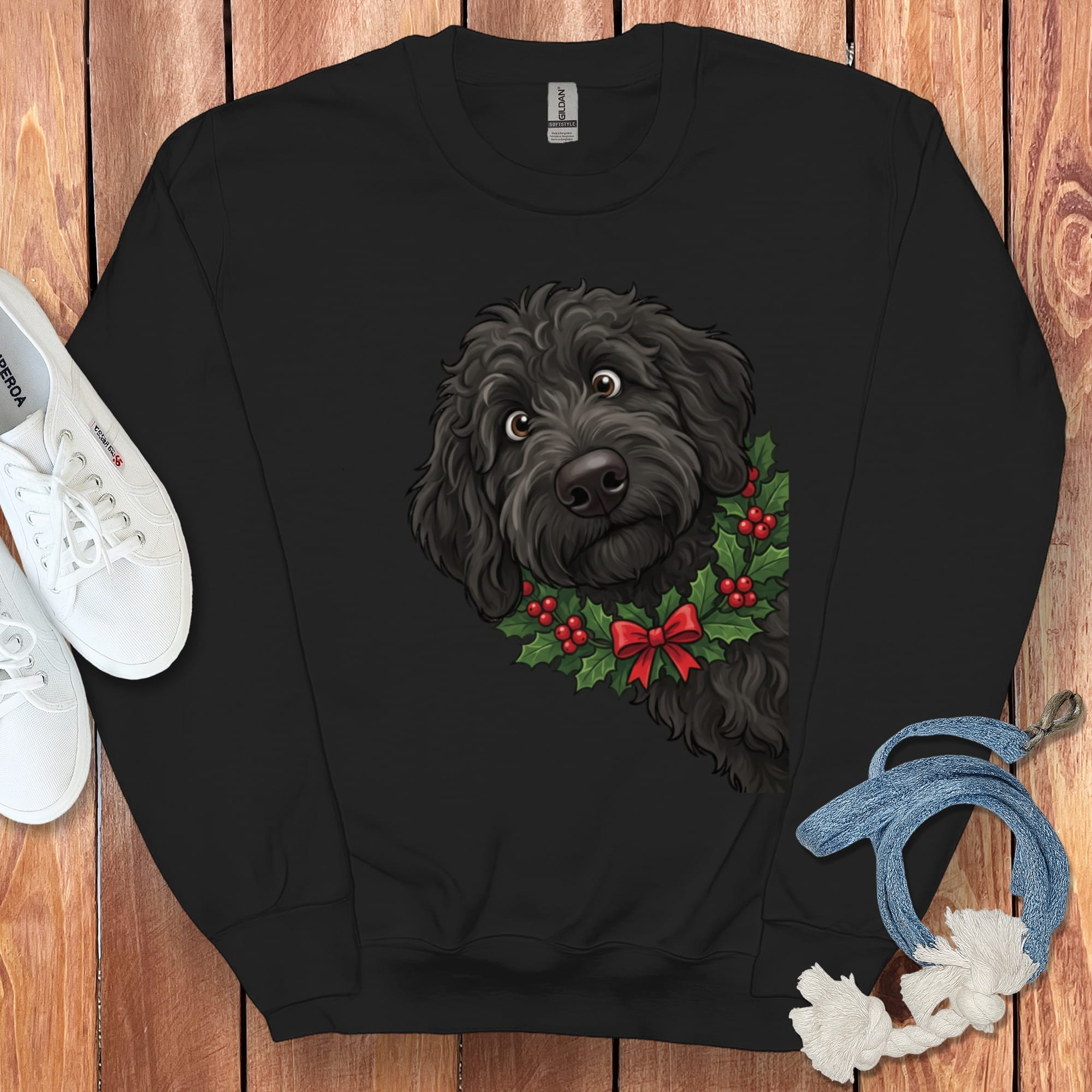 Peeking Holly Black Goldendoodle Sweatshirt in Black / S by Puppy Jo