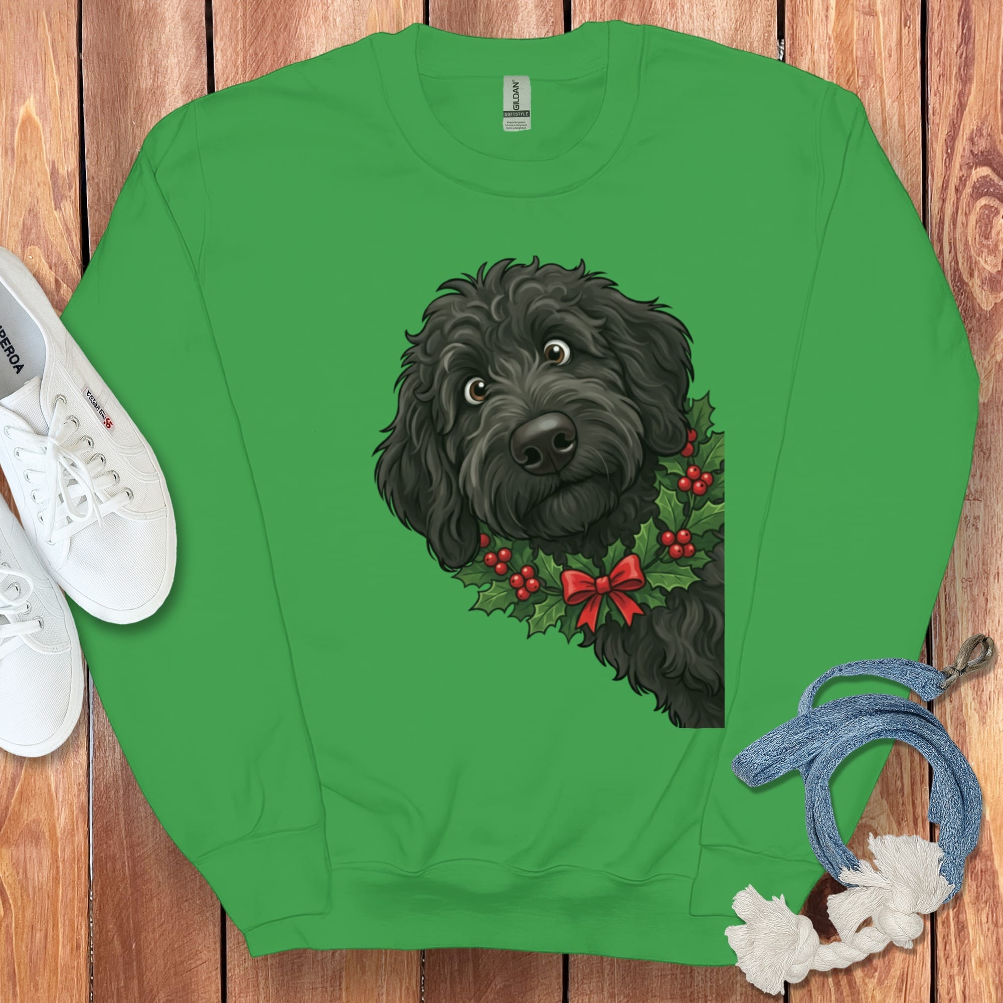 Peeking Holly Black Goldendoodle Sweatshirt in Irish Green / S by Puppy Jo