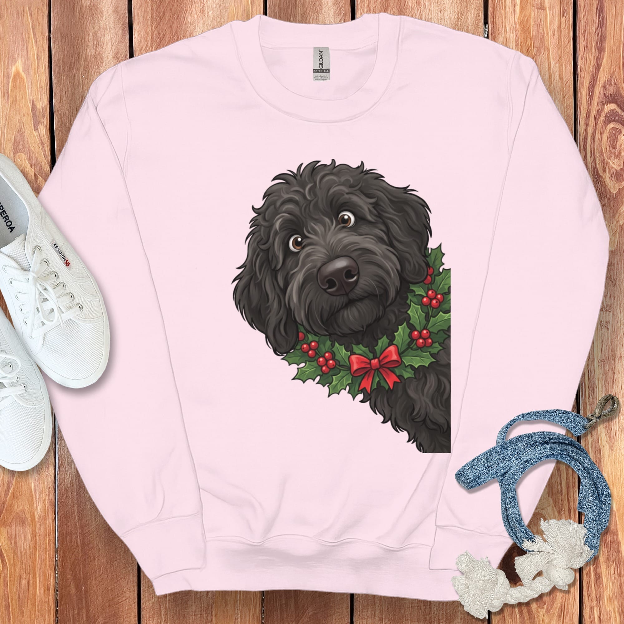 Peeking Holly Black Goldendoodle Sweatshirt in Light Pink / S by Puppy Jo