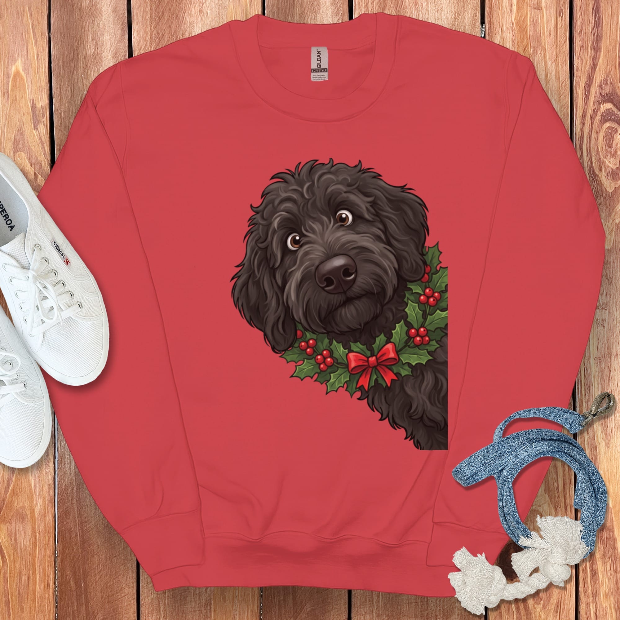 Peeking Holly Black Goldendoodle Sweatshirt in Red / S by Puppy Jo