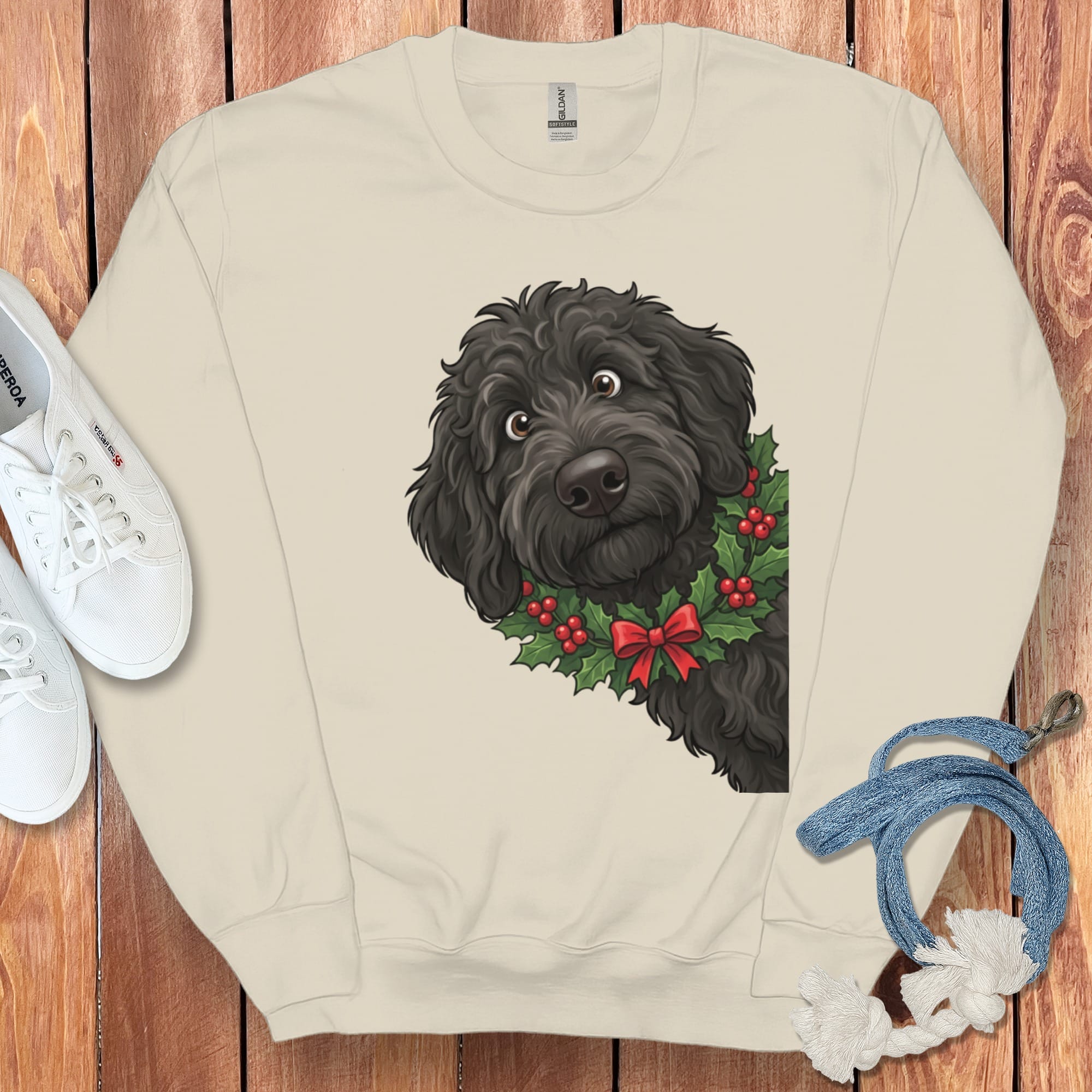 Peeking Holly Black Goldendoodle Sweatshirt in Sand / S by Puppy Jo