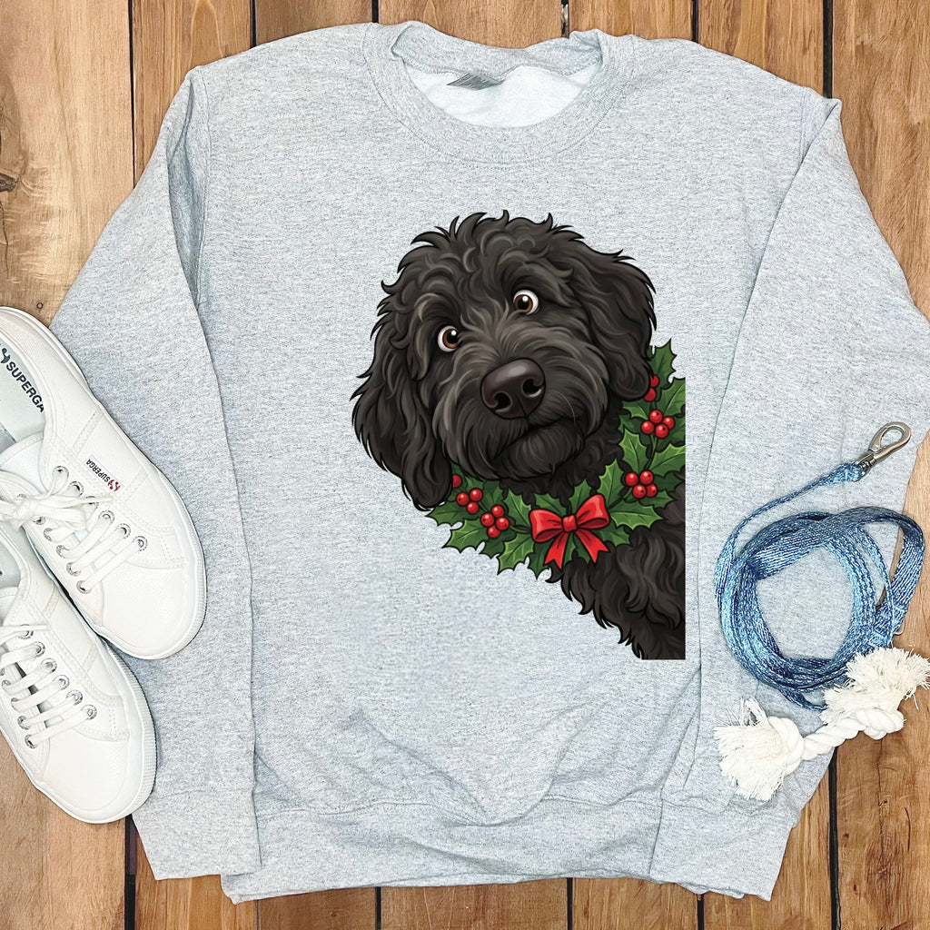 Peeking Holly Black Goldendoodle Sweatshirt in Sport Grey / S by Puppy Jo