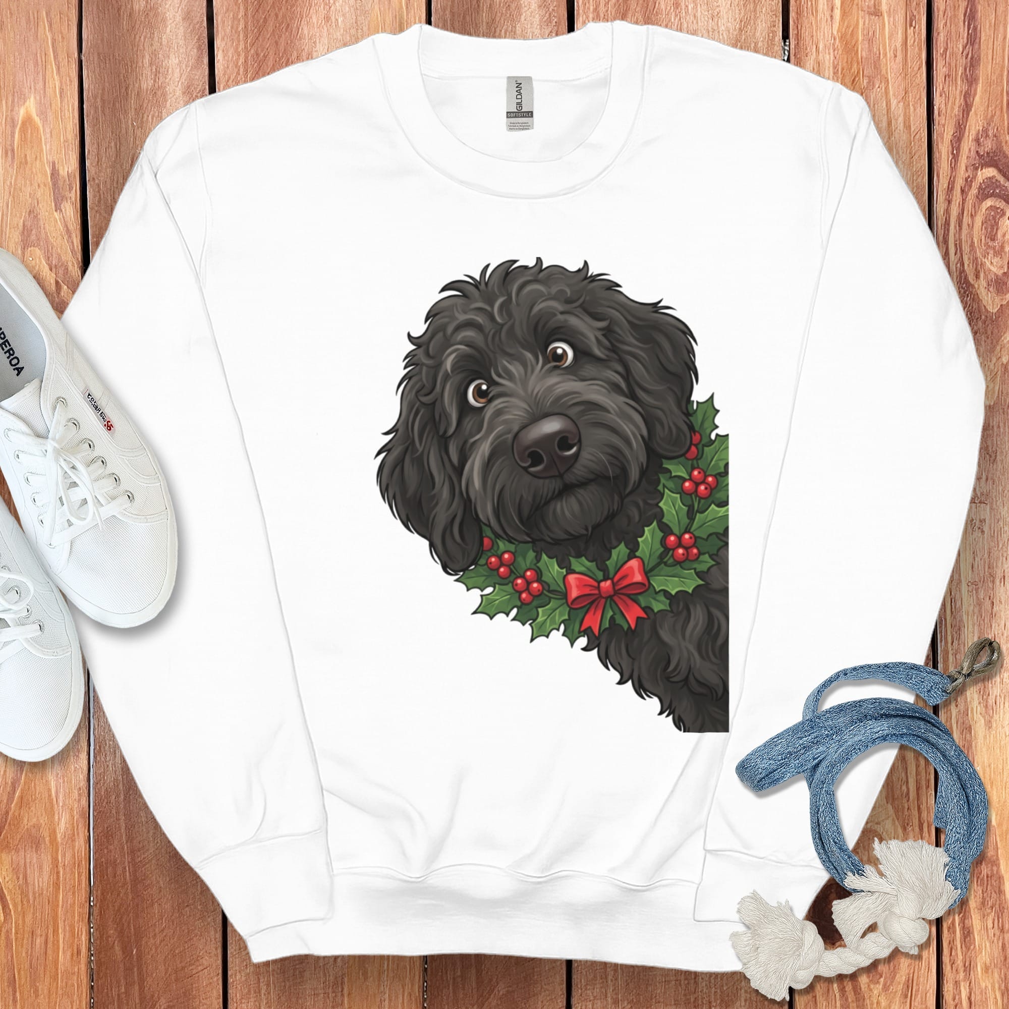 Peeking Holly Black Goldendoodle Sweatshirt in White / S by Puppy Jo