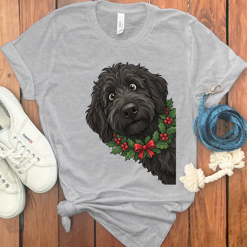 Peeking Holly Black Goldendoodle T-Shirt in Athletic Heather / M / T-Shirts by Puppy Jo