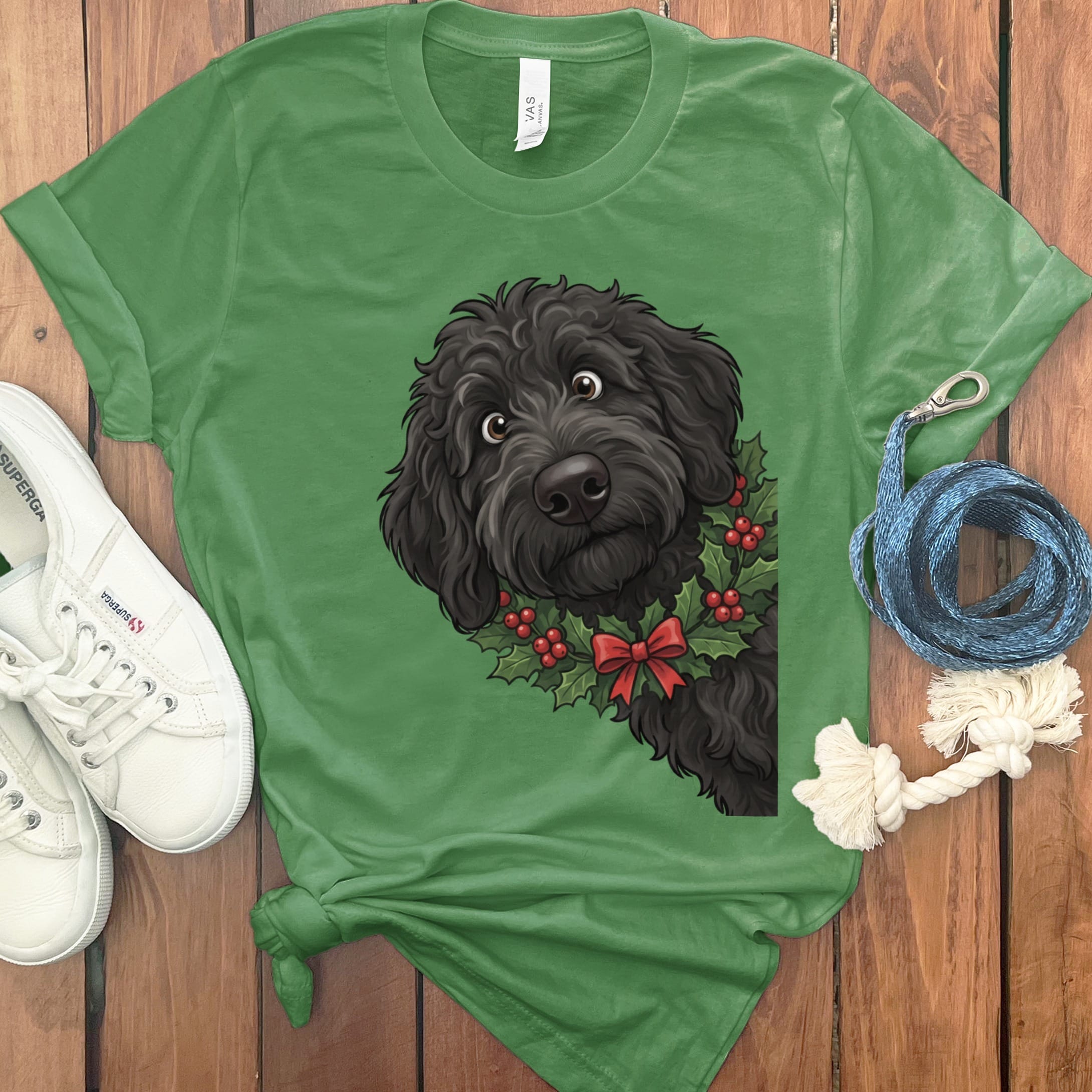 Peeking Holly Black Goldendoodle T-Shirt in Leaf / M / T-Shirts by Puppy Jo