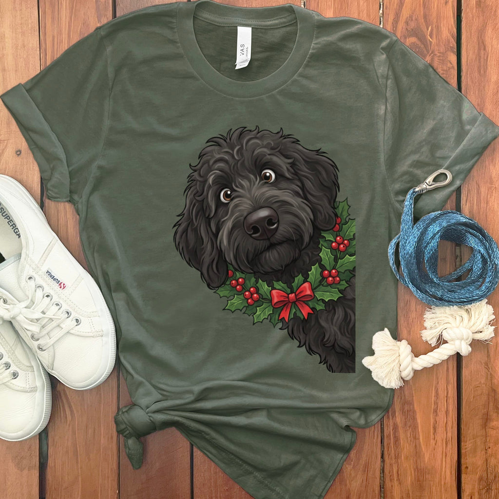 Peeking Holly Black Goldendoodle T-Shirt in Military Green / M / T-Shirts by Puppy Jo