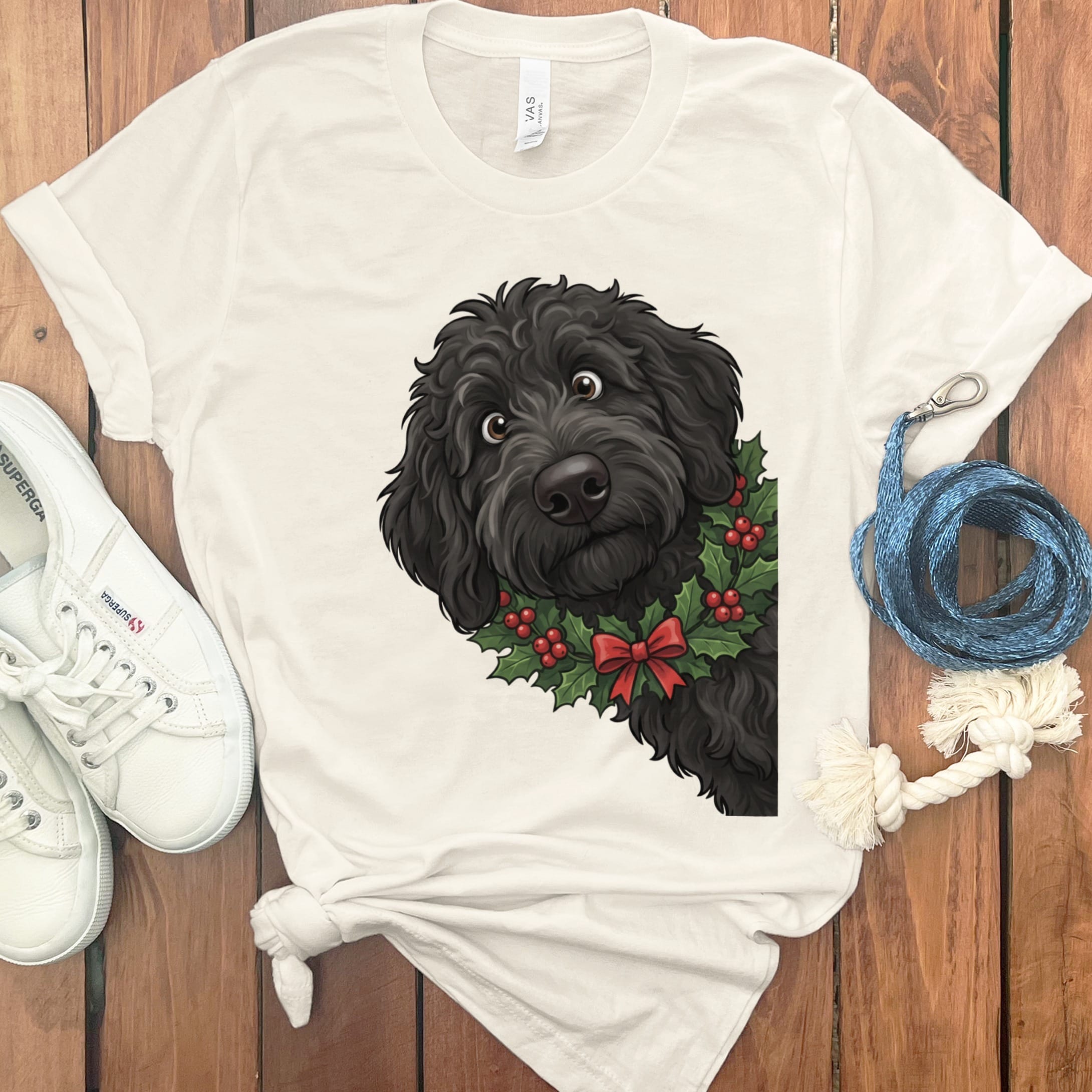 Peeking Holly Black Goldendoodle T-Shirt in Natural / M / T-Shirts by Puppy Jo