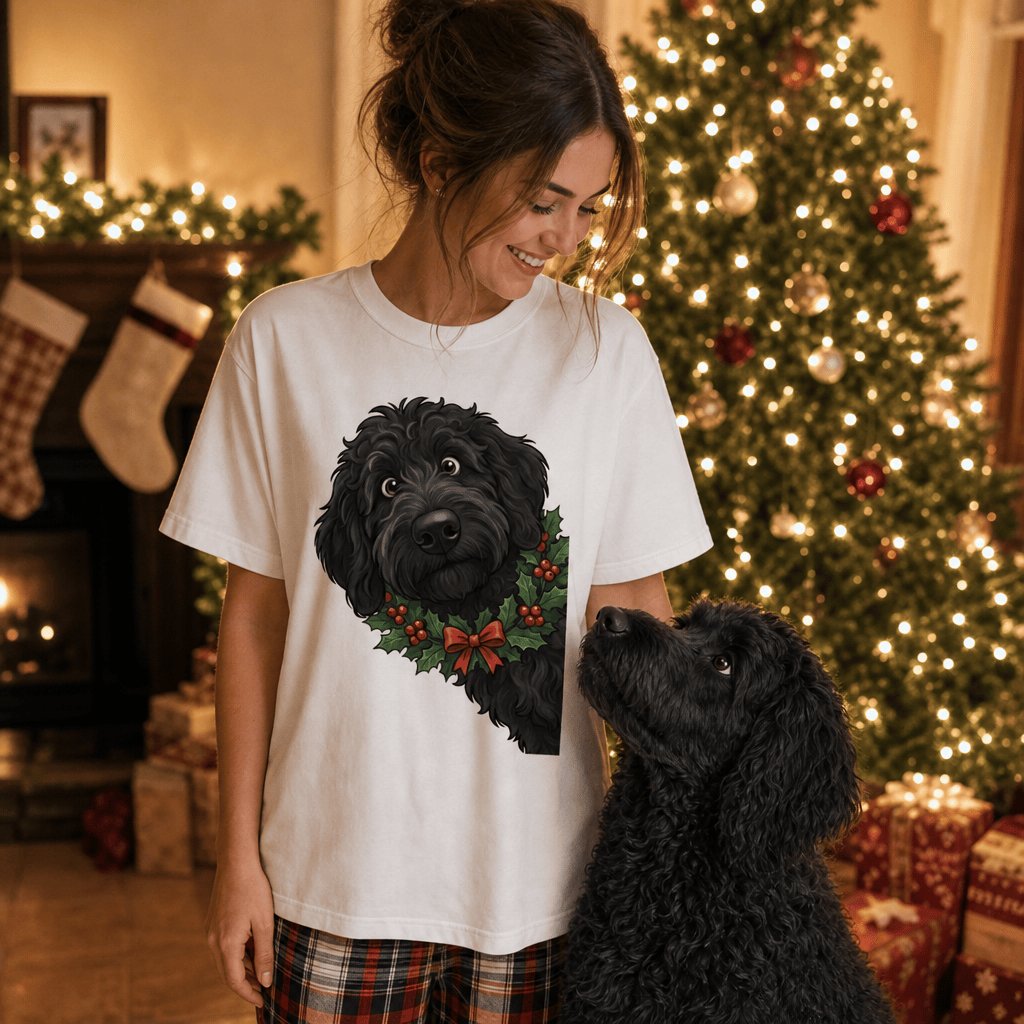 Peeking Holly Black Goldendoodle T-Shirt in by Puppy Jo