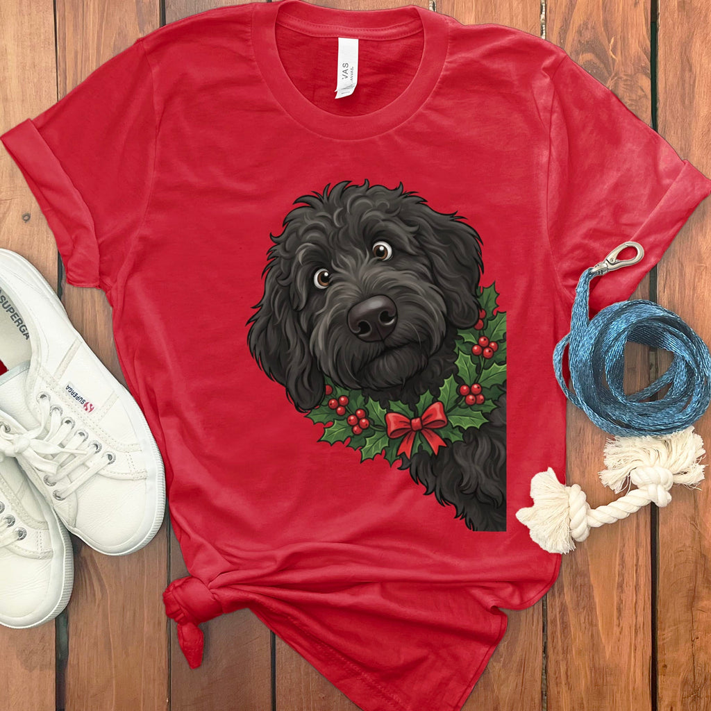 Peeking Holly Black Goldendoodle T-Shirt in Red / M / T-Shirts by Puppy Jo