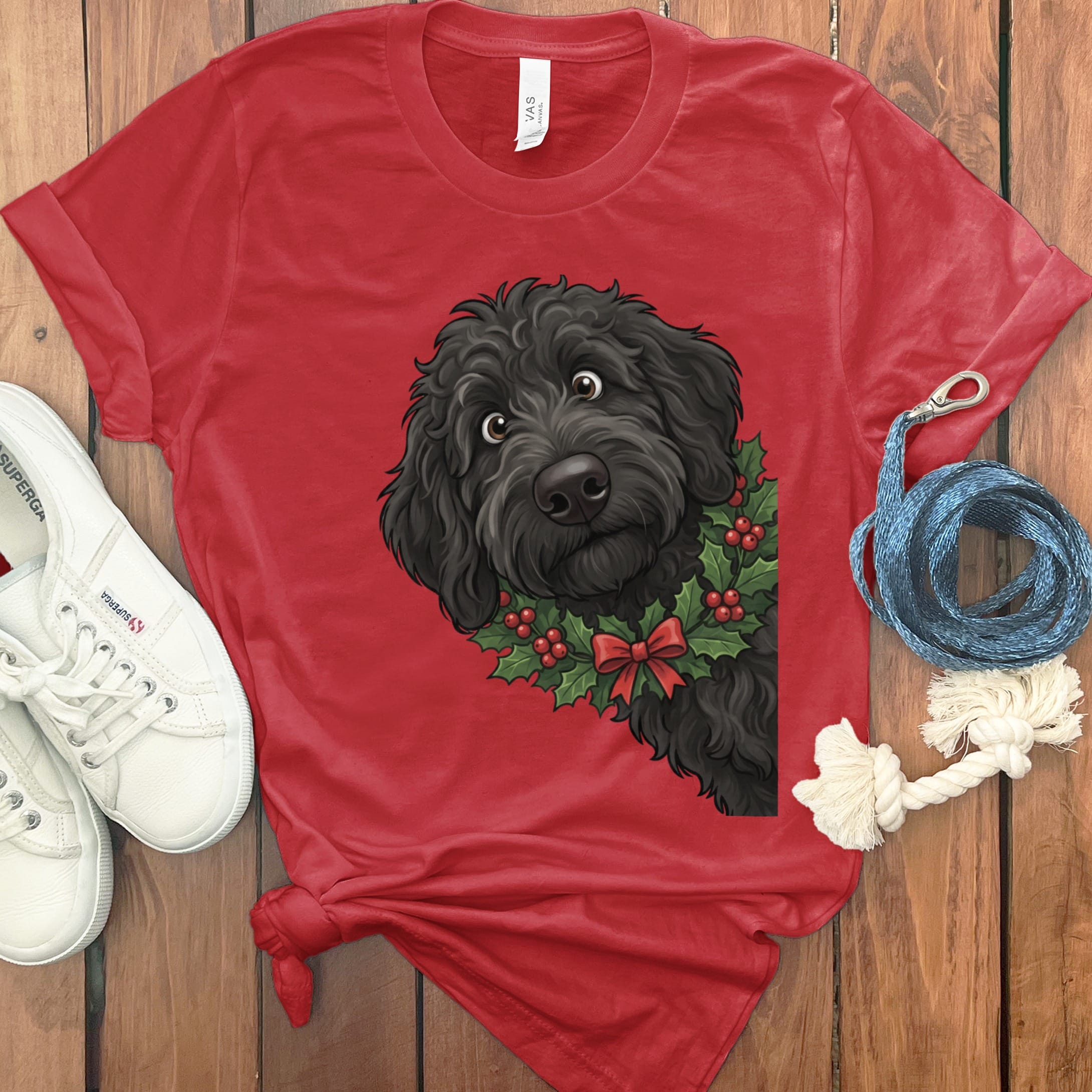 Peeking Holly Black Goldendoodle T-Shirt in Red / M / T-Shirts by Puppy Jo