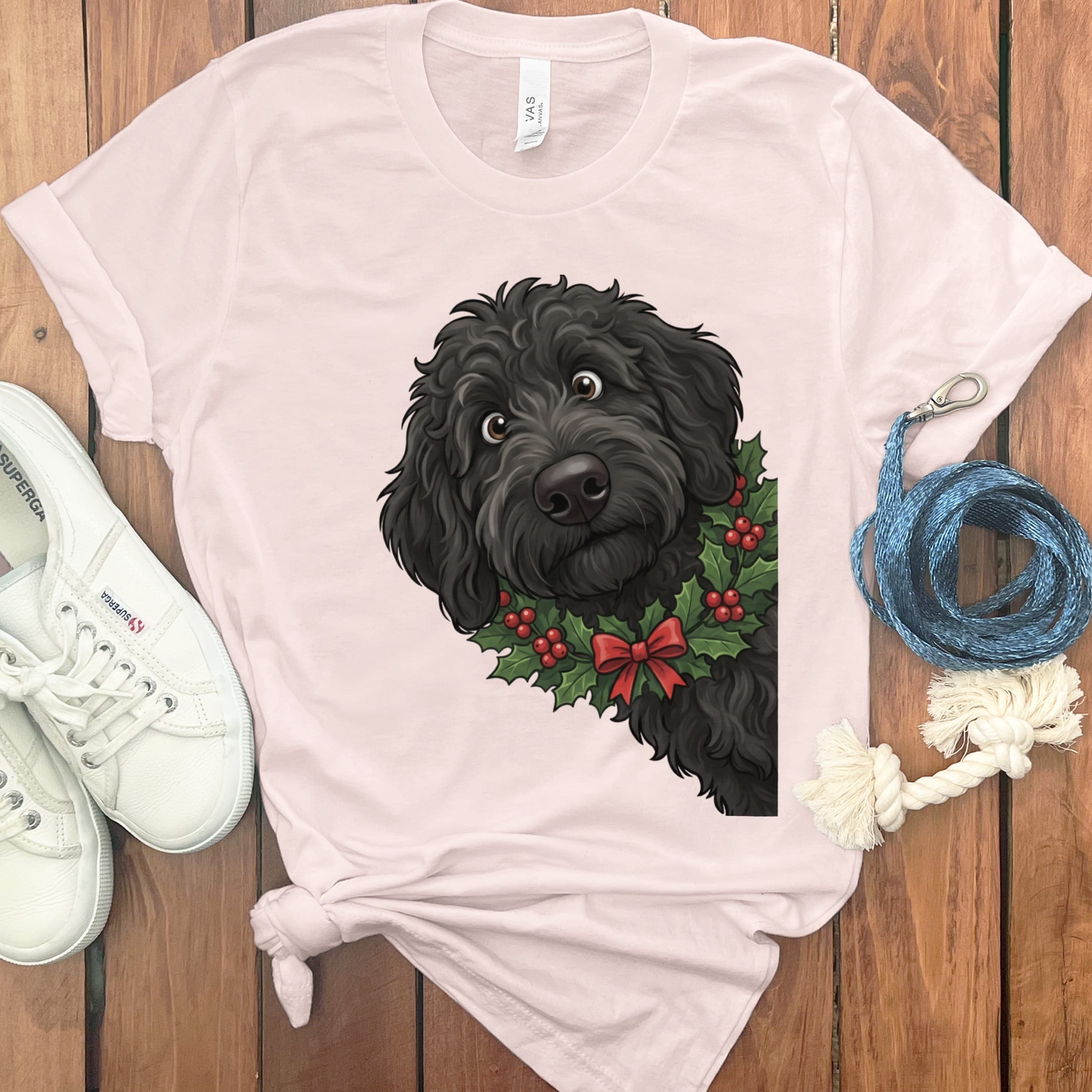 Peeking Holly Black Goldendoodle T-Shirt in Soft Pink / M / T-Shirts by Puppy Jo