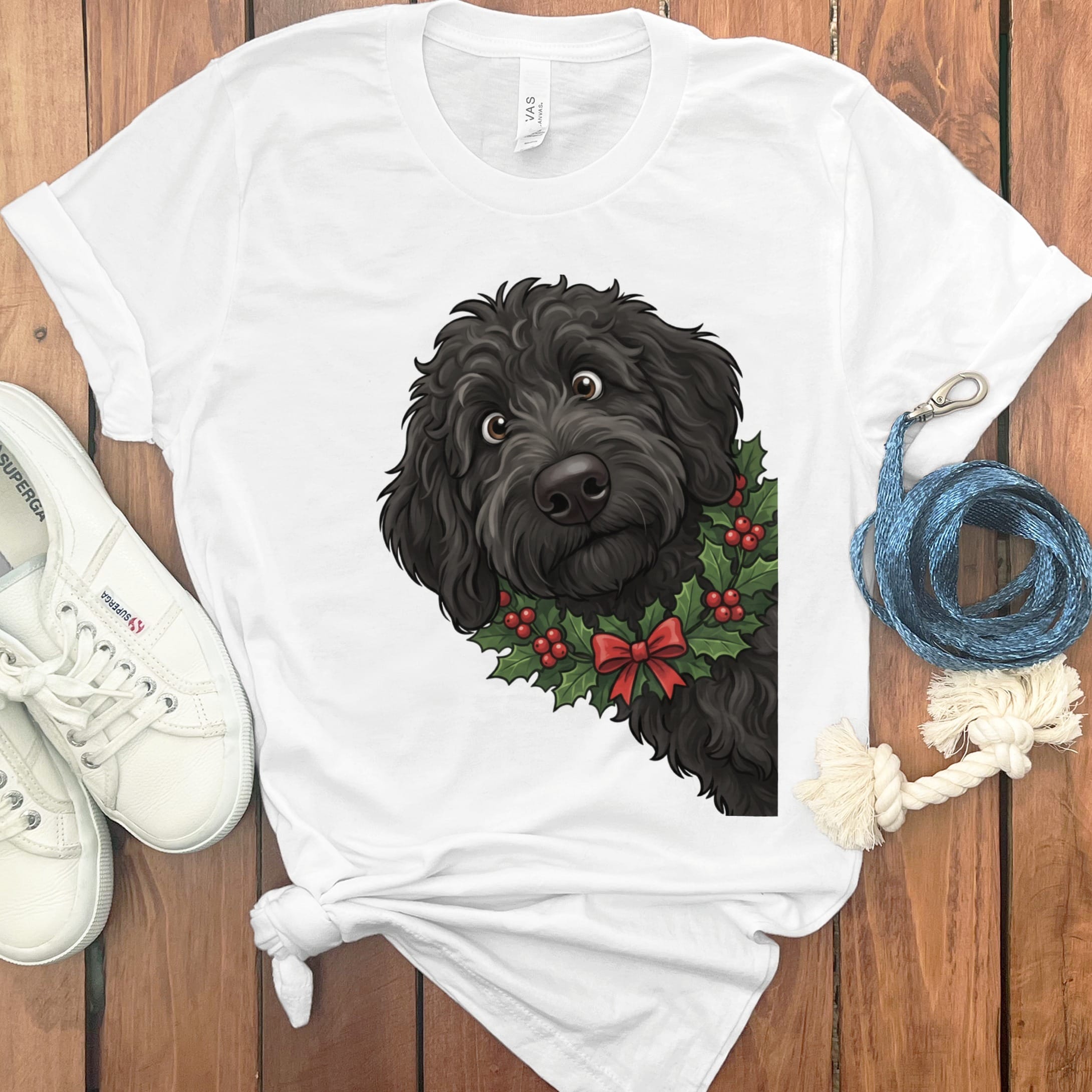 Peeking Holly Black Goldendoodle T-Shirt in White / M / T-Shirts by Puppy Jo