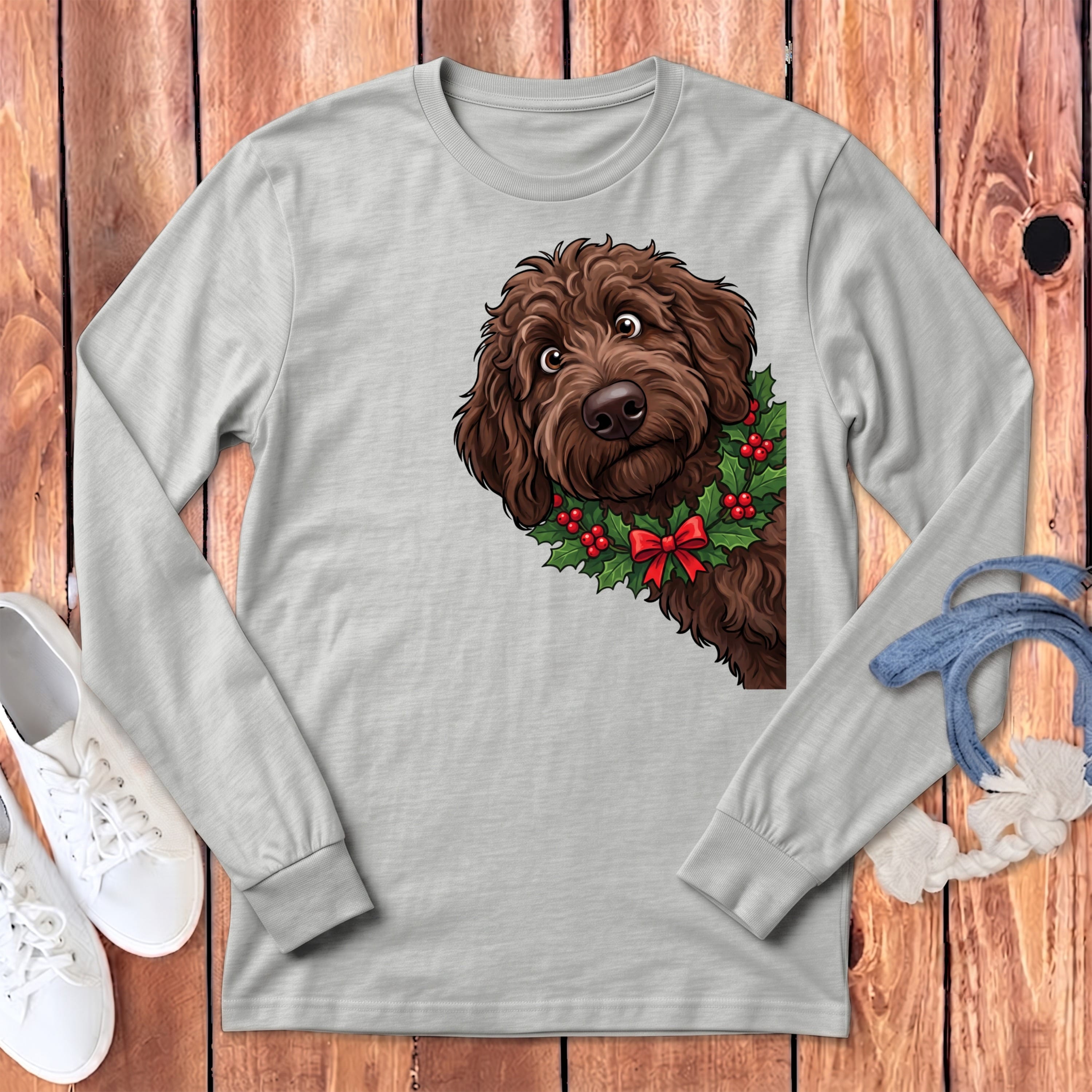 Peeking Holly Chocolate Goldendoodle Long Sleeve T-Shirt in Athletic Heather / S by Puppy Jo